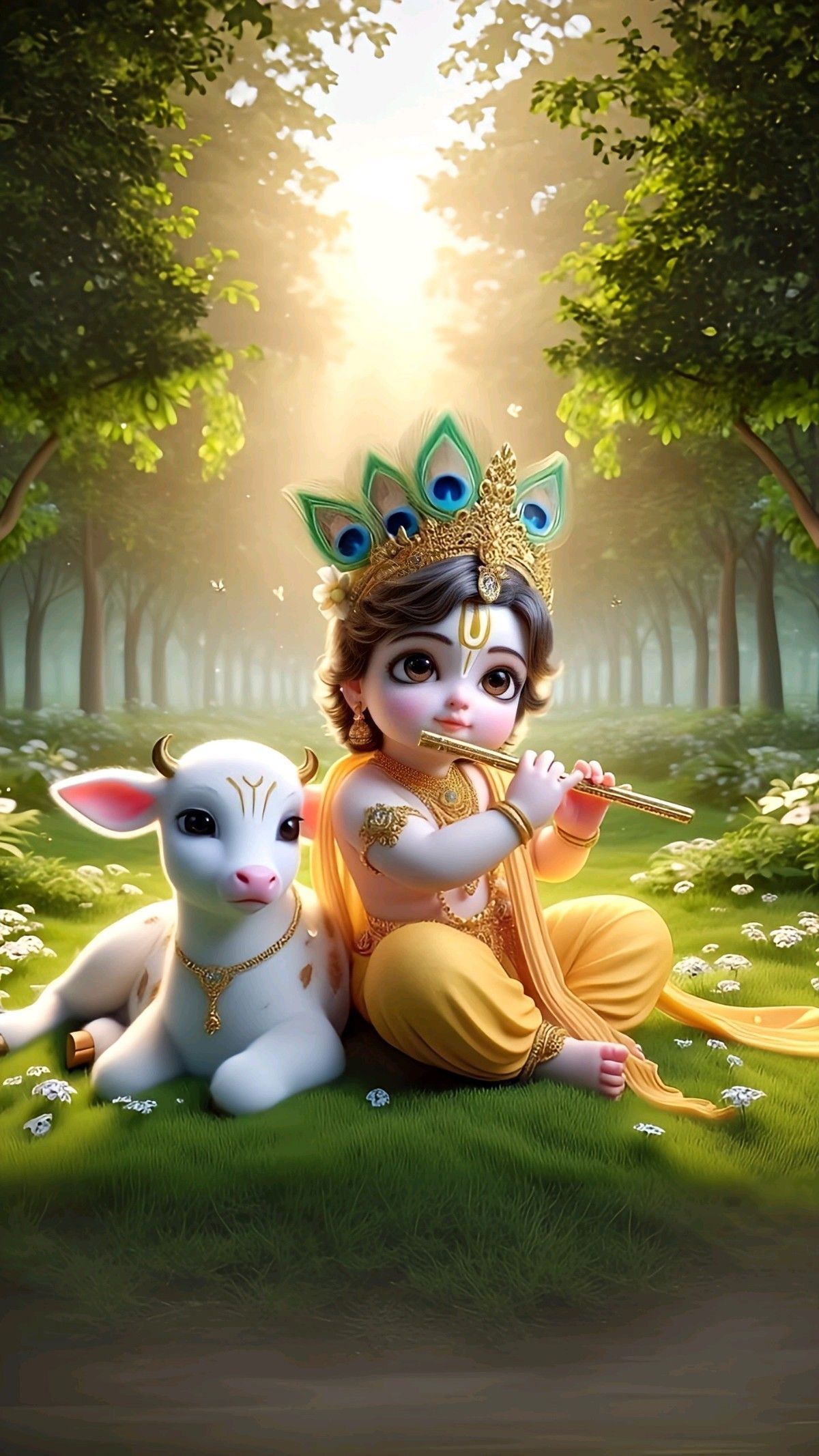 Young Krishna playing flute with a cow
