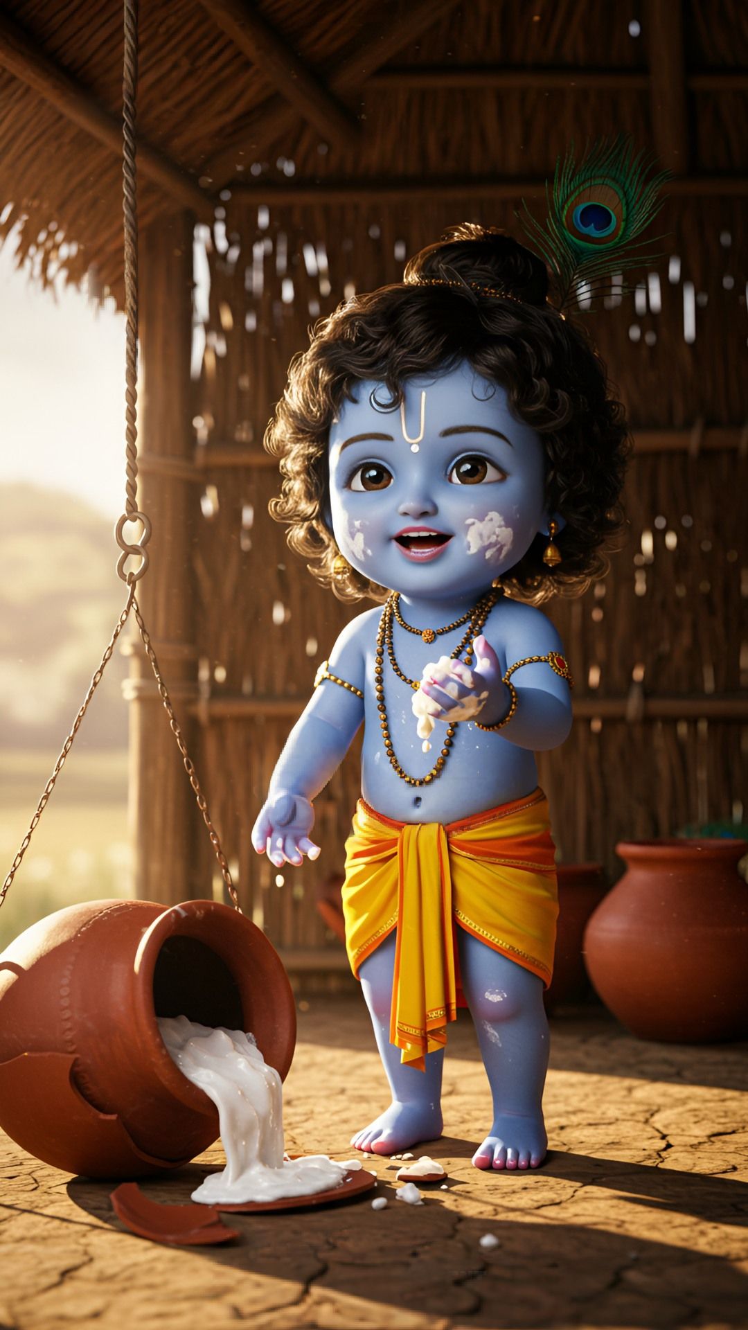 Cute baby Krishna with spilled milk.