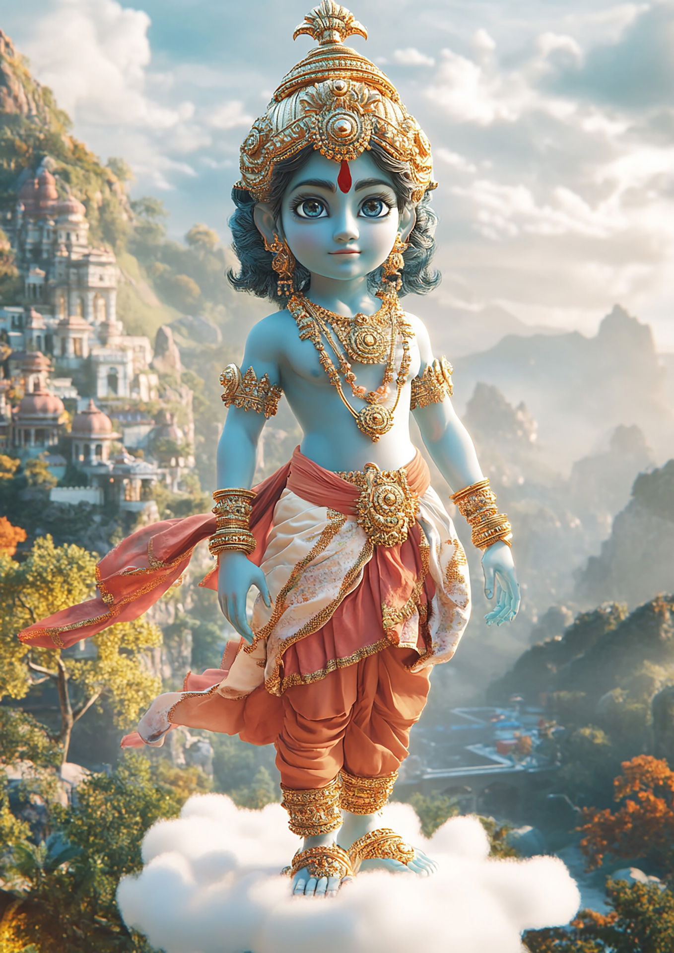 Adorable Bal Krishna amidst mountain clouds.
