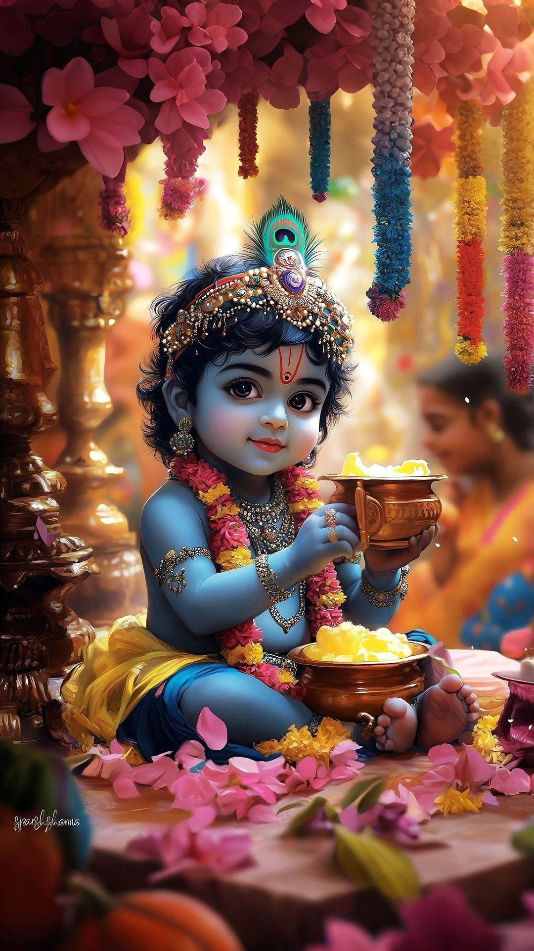 Baby Krishna with butter and flowers