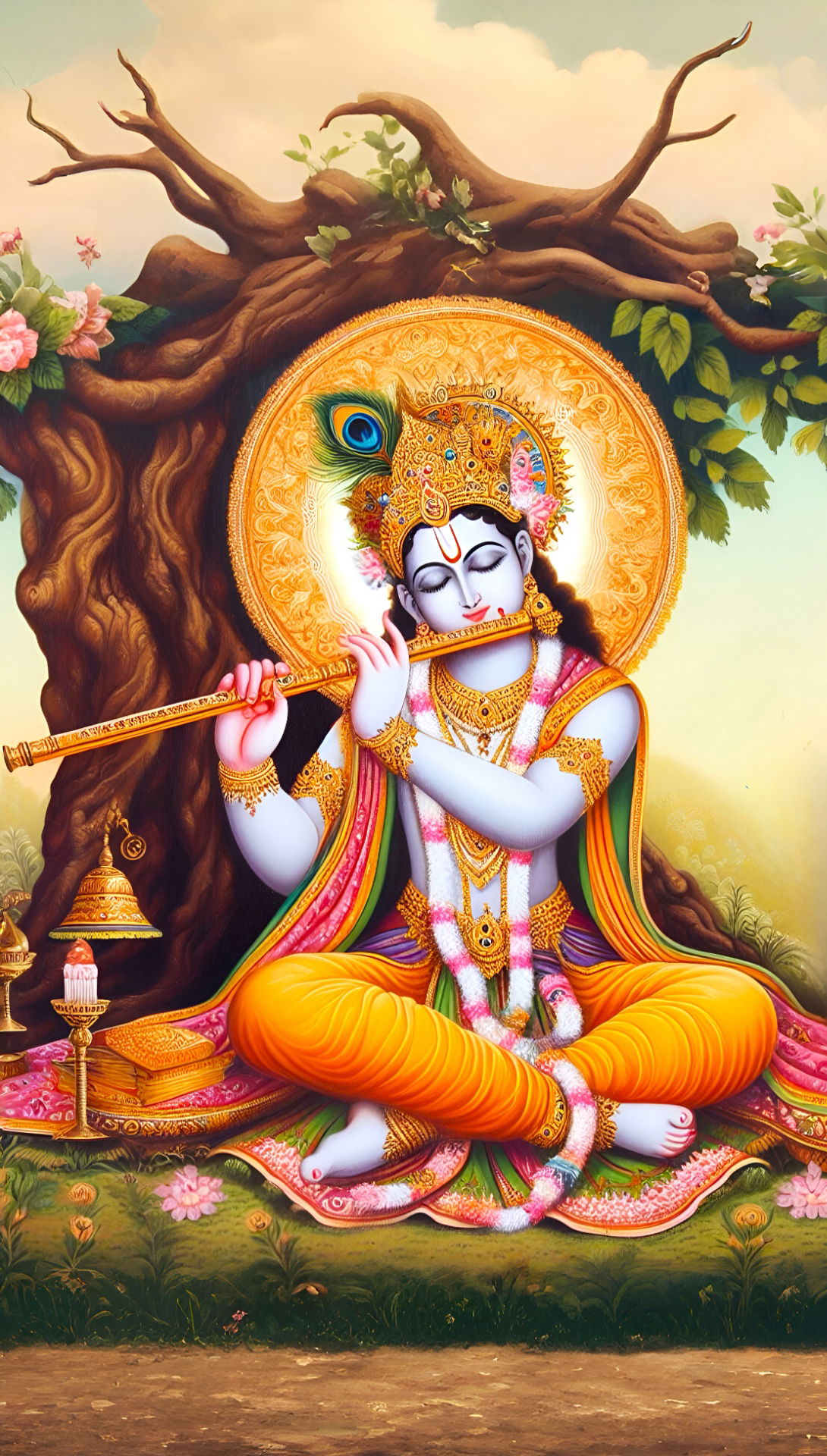 Krishna playing flute under a tree