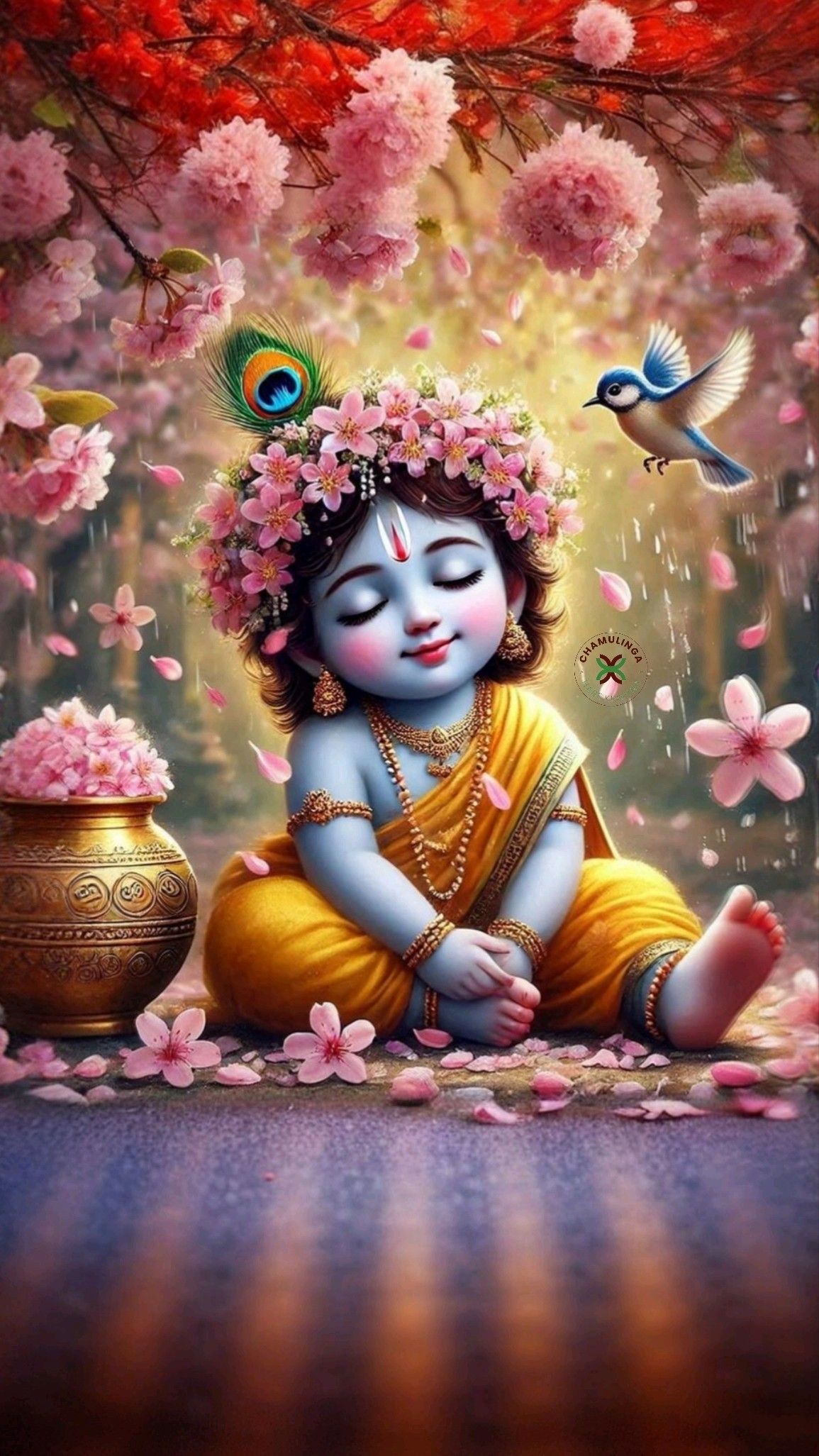 Baby Krishna amongst pink lotus flowers