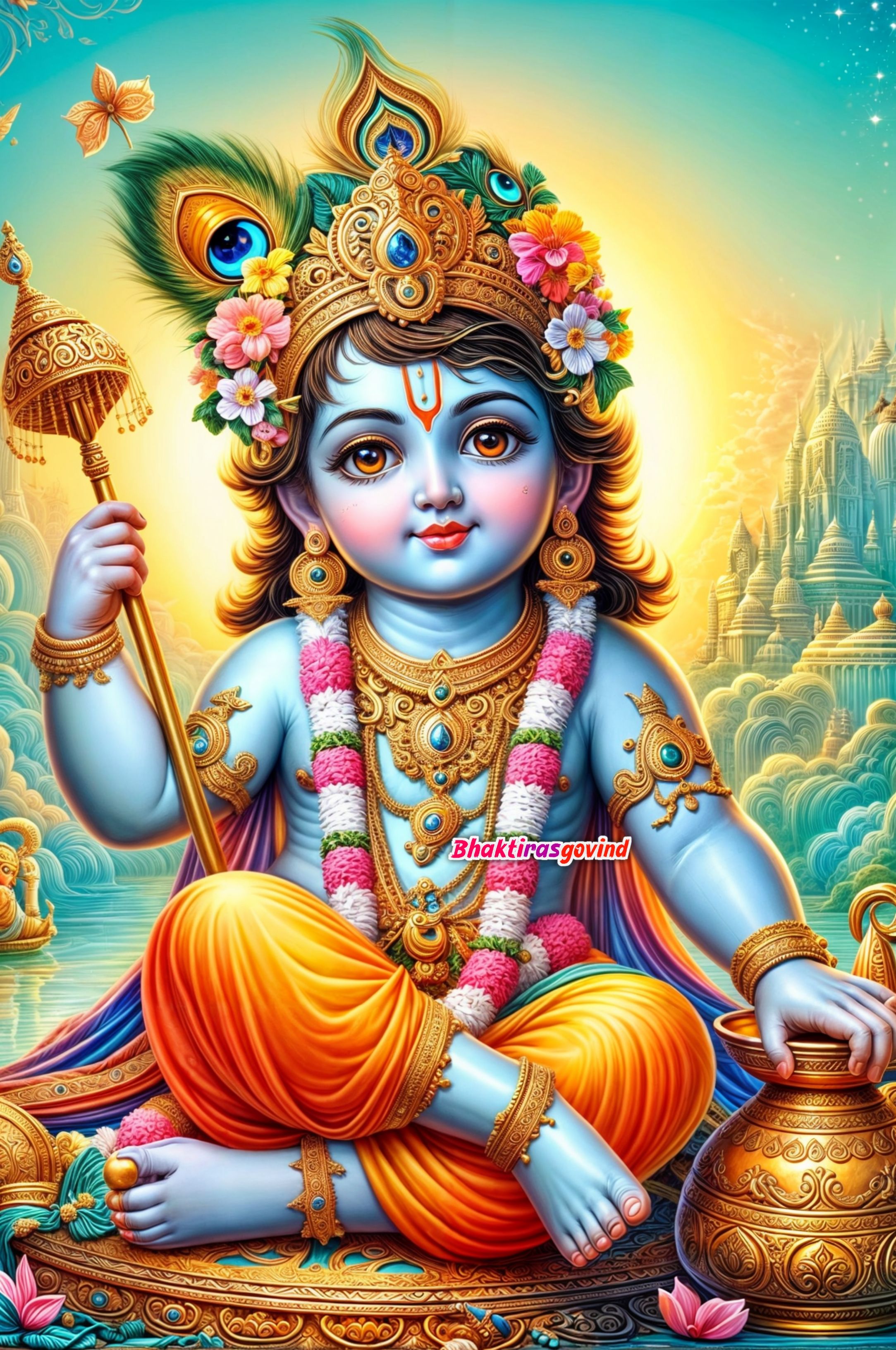 Baby Krishna with peacock feather and lotus