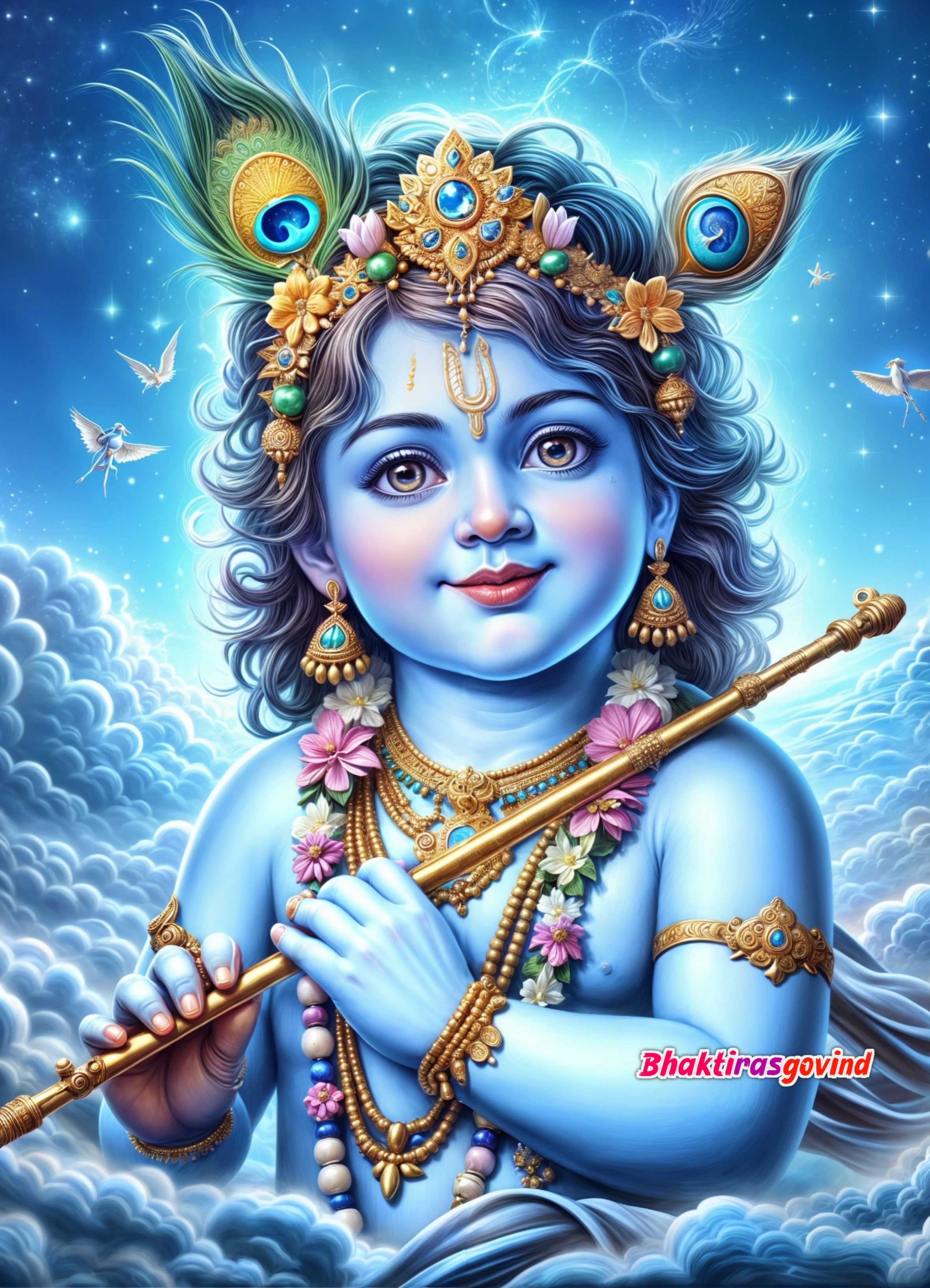 Baby Krishna with flute and peacock feather