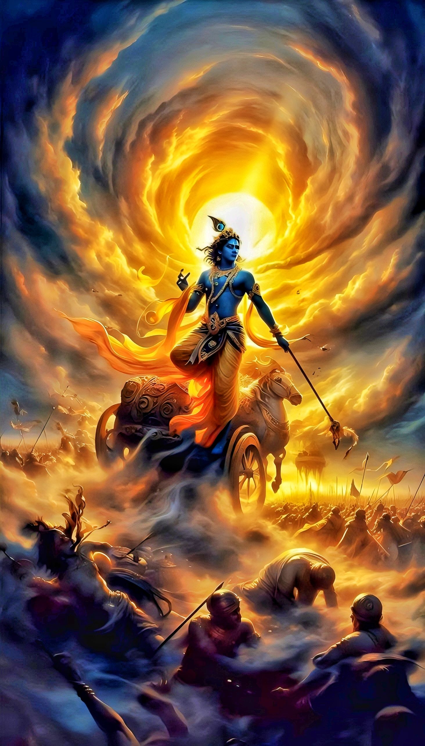 Krishna drives chariot in Kurukshetra battle