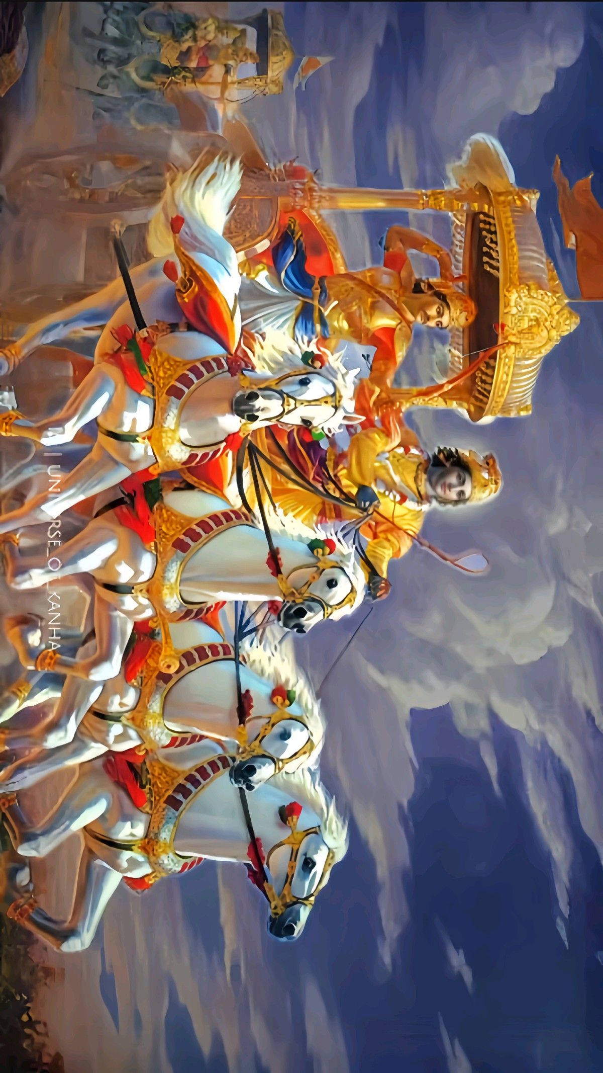 Krishna driving Arjuna’s chariot during war