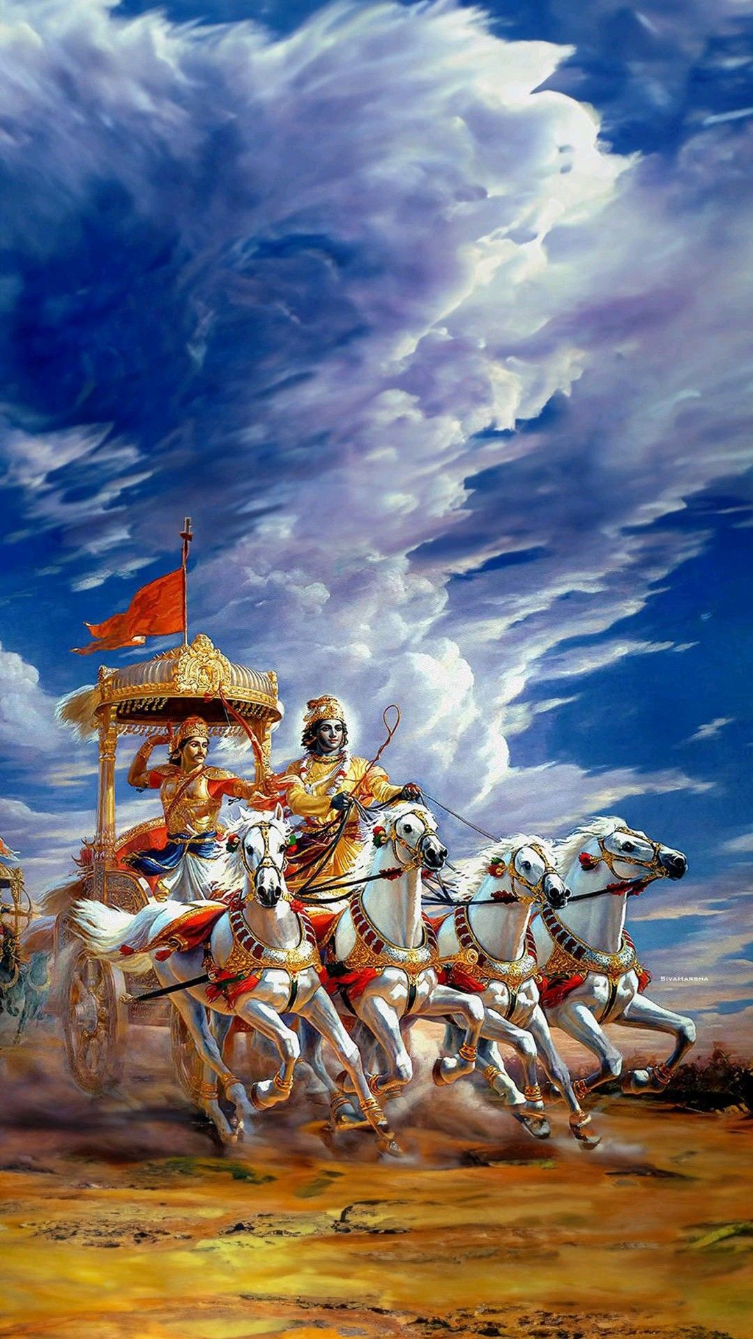 Krishna guides Arjuna\'s chariot into battle
