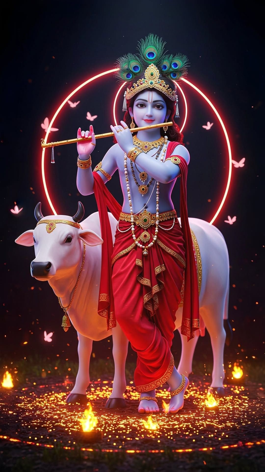 Lord Krishna with flute and cows