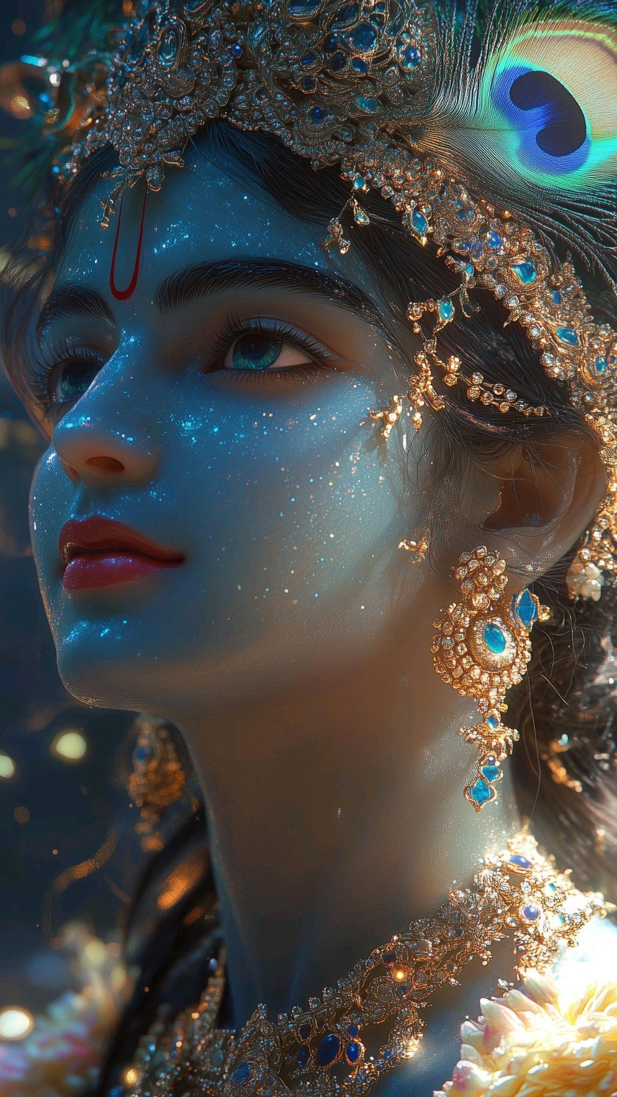 Blue Krishna with peacock feather adorns phone.