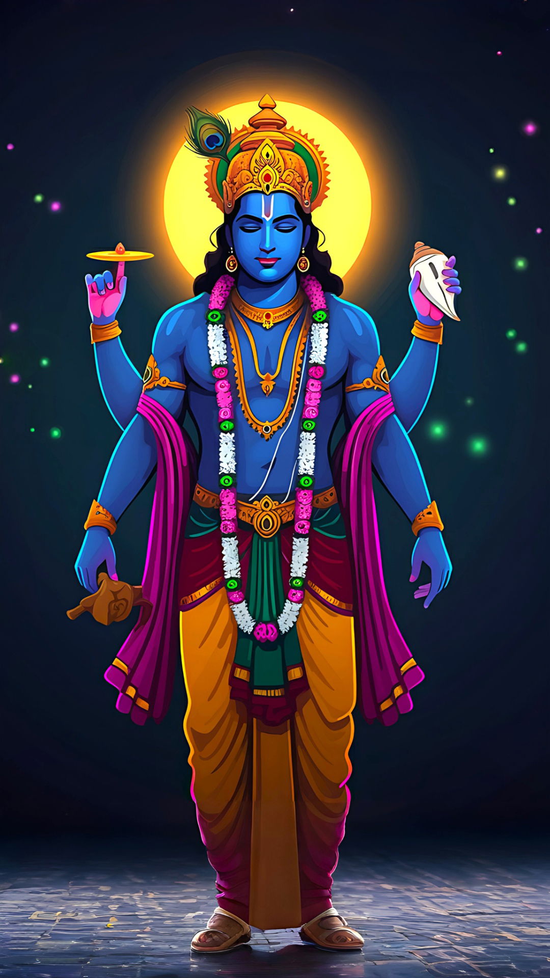 Lord Krishna with conch and chakra.