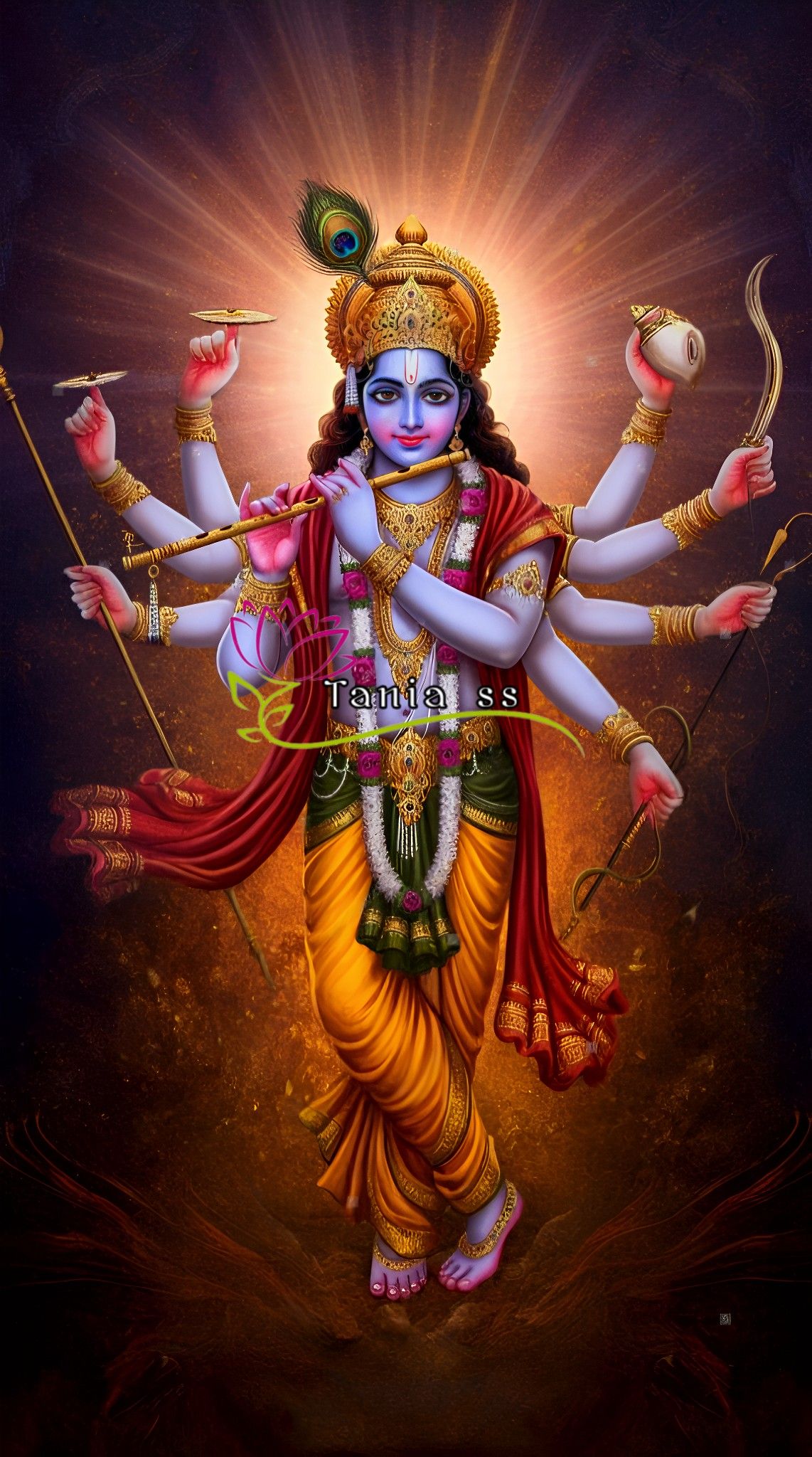 Multi-armed Lord Krishna with flute