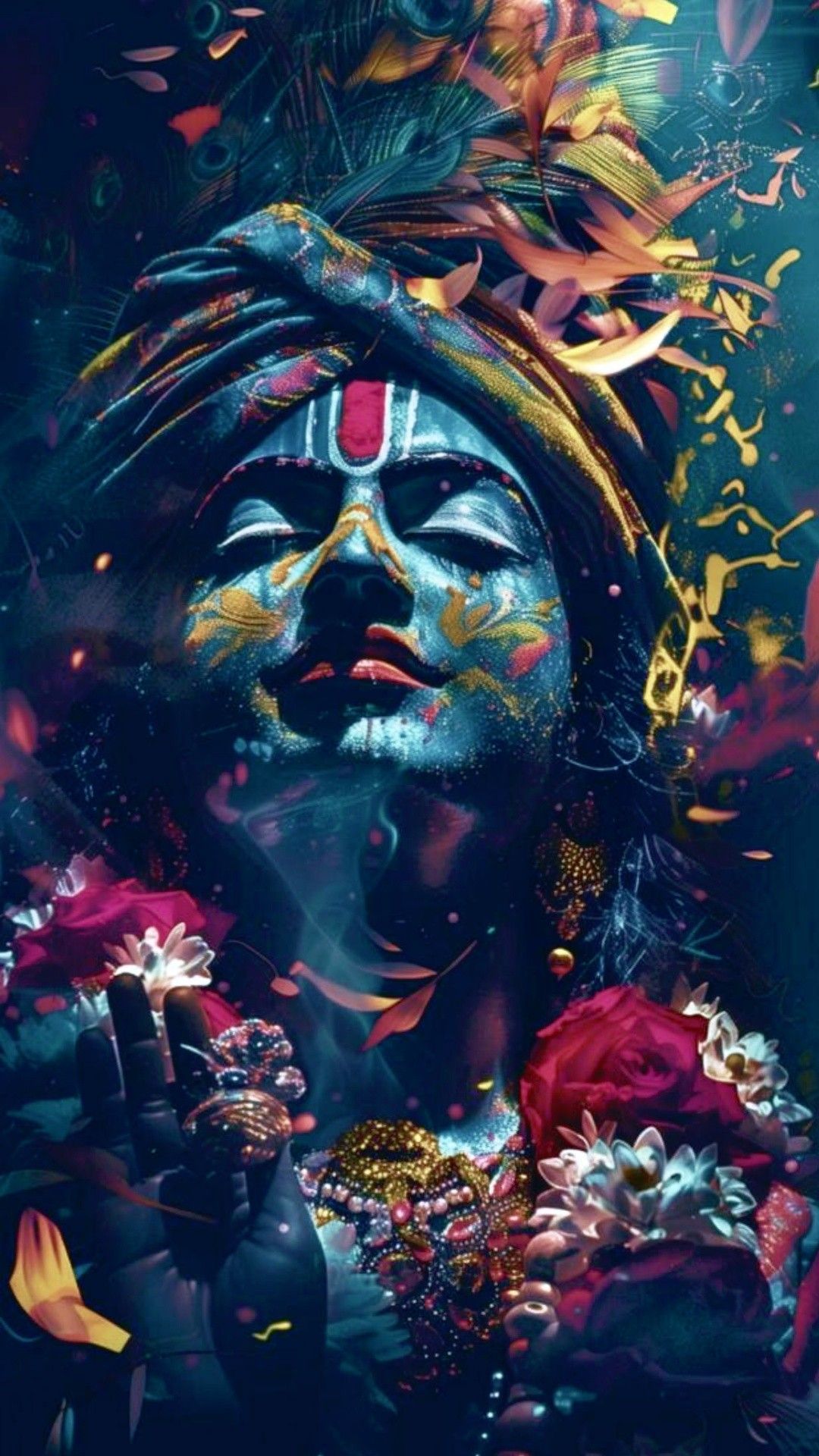 Krishna with peacock feathers and flowers