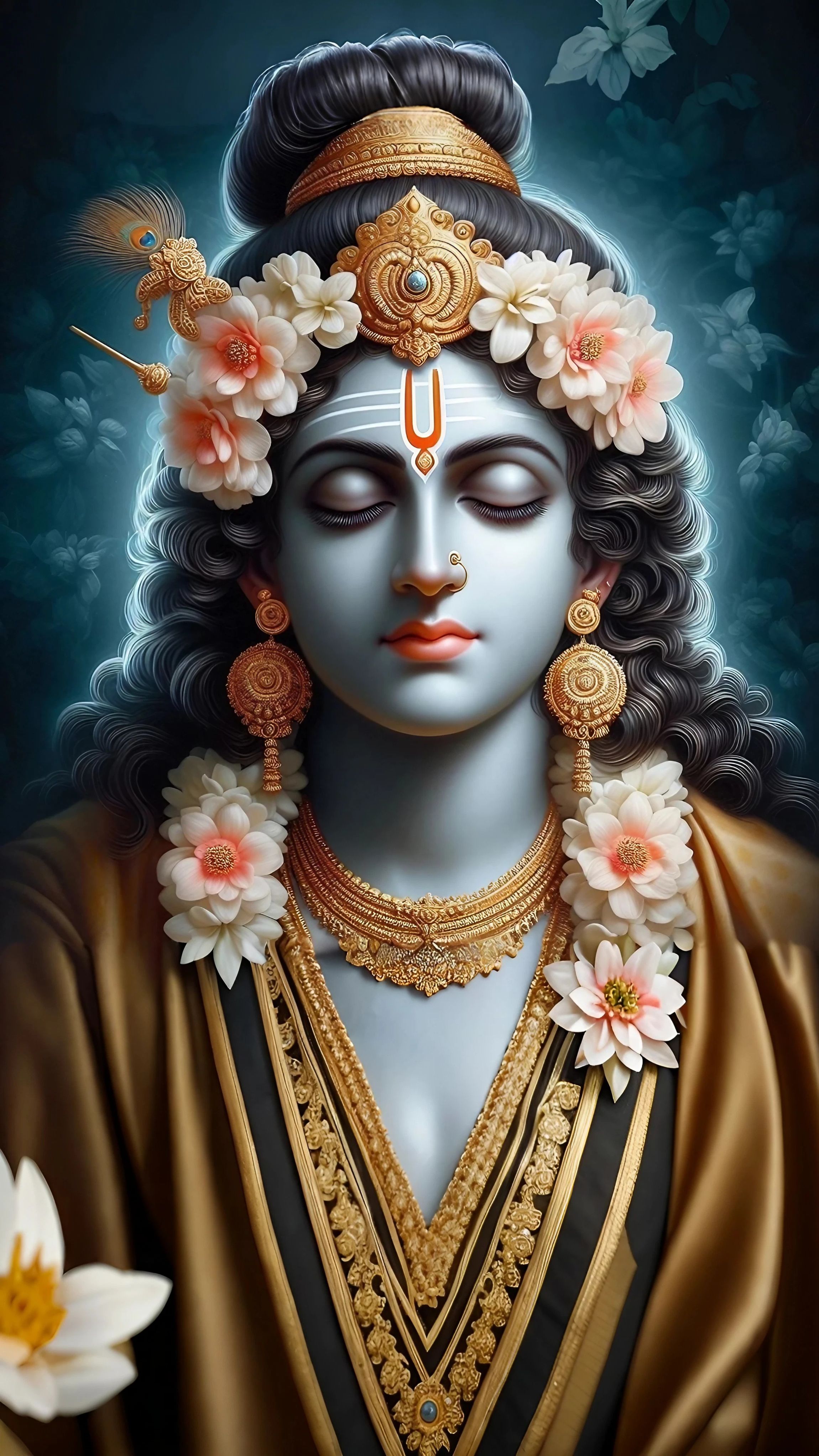 Blue-skinned Krishna with floral crown.