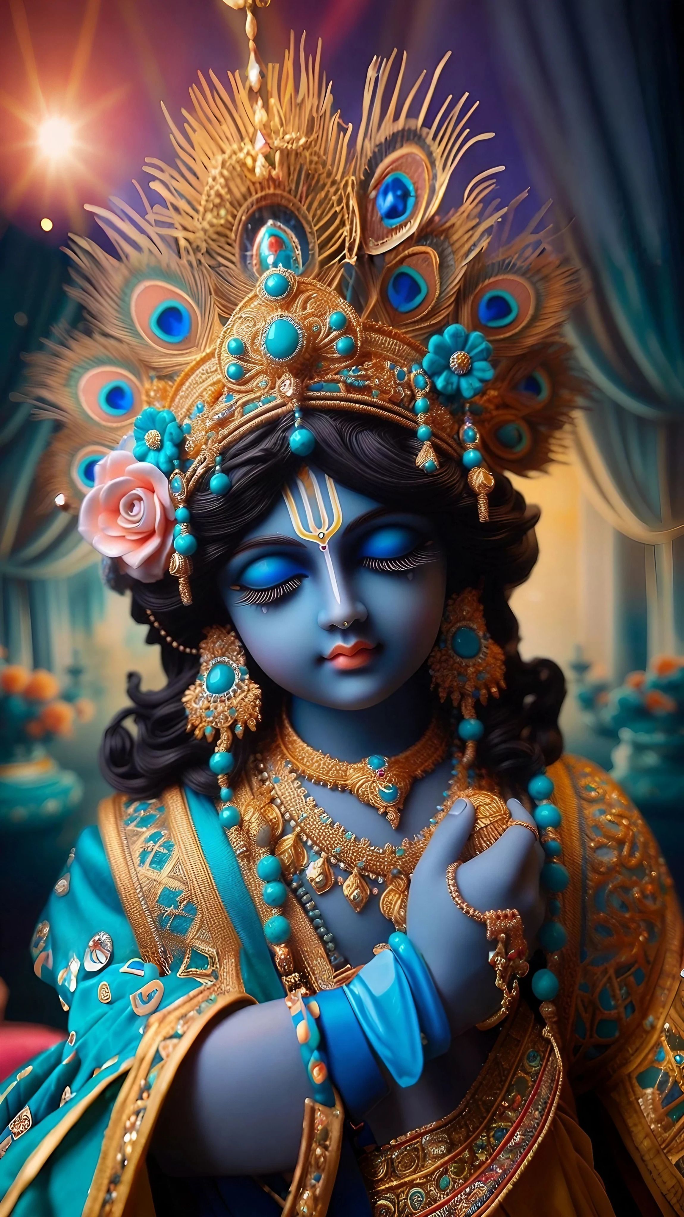 Blue-skinned Krishna with peacock feather crown