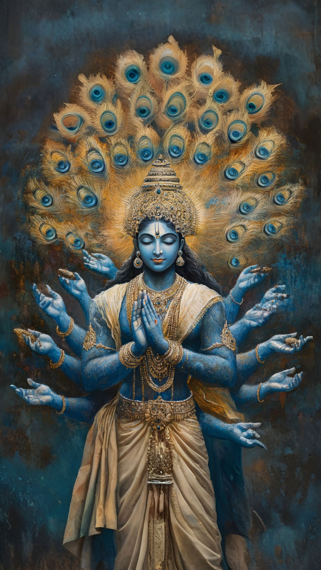 Blue-skinned Krishna with peacock feathers.