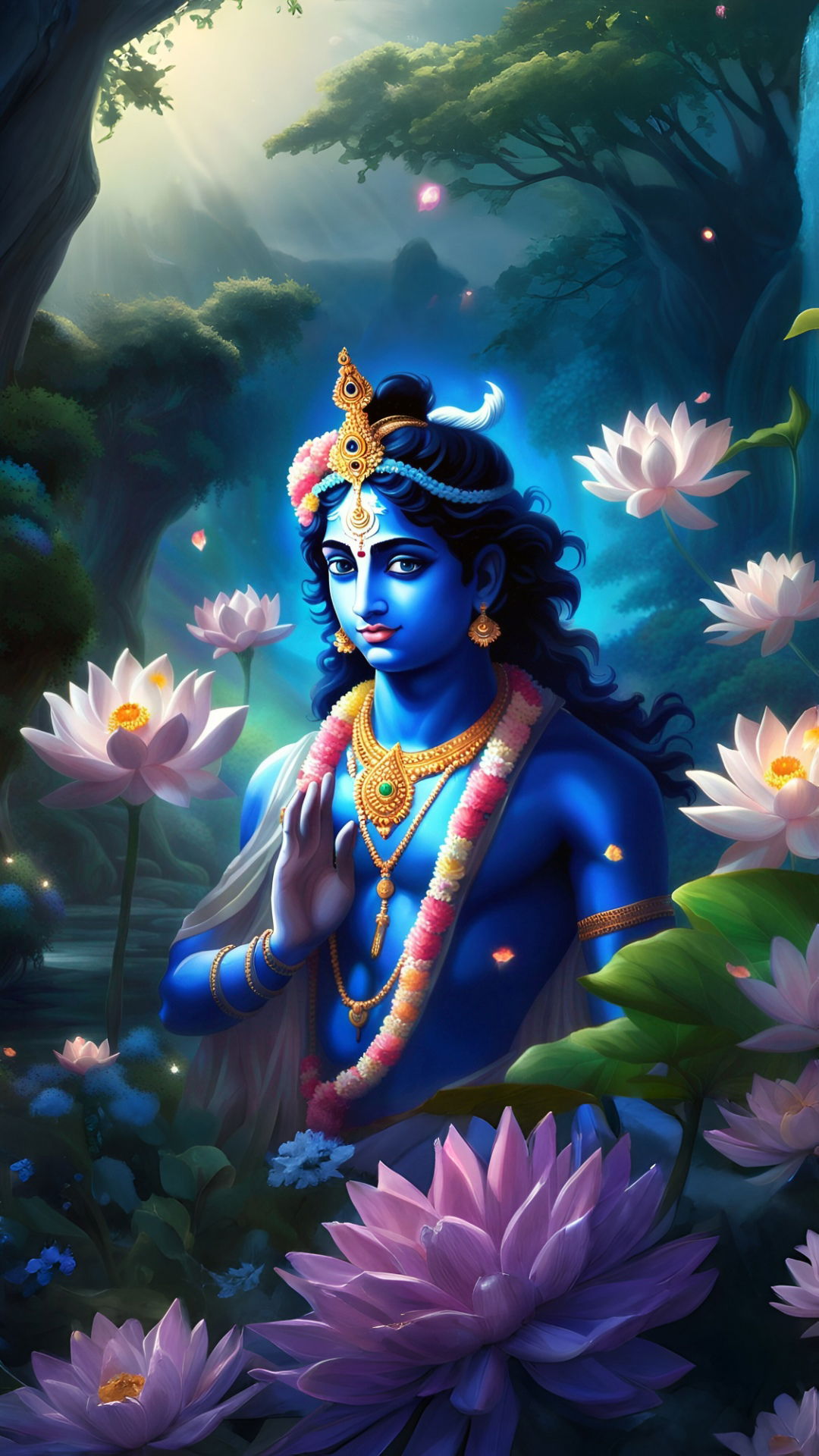 Blue-skinned Krishna amongst blooming lotuses