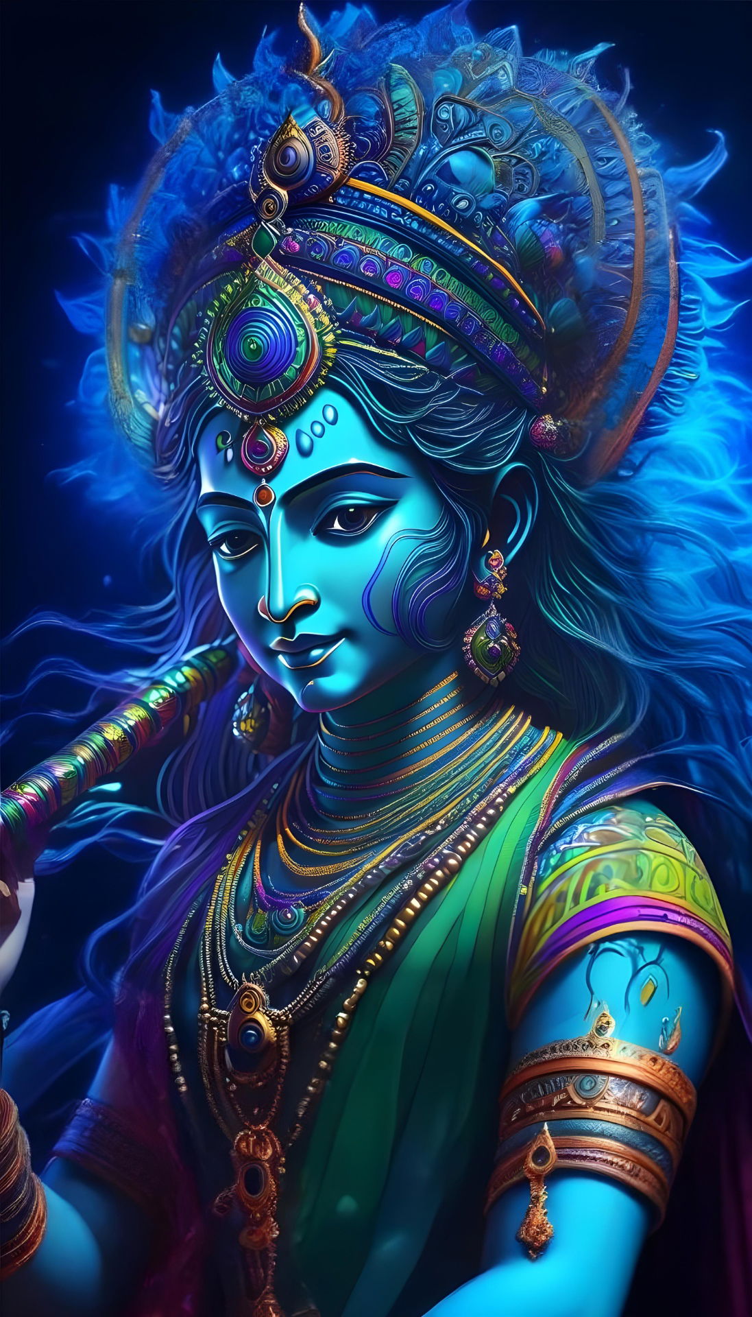 Blue Krishna playing a flute, divine portrait