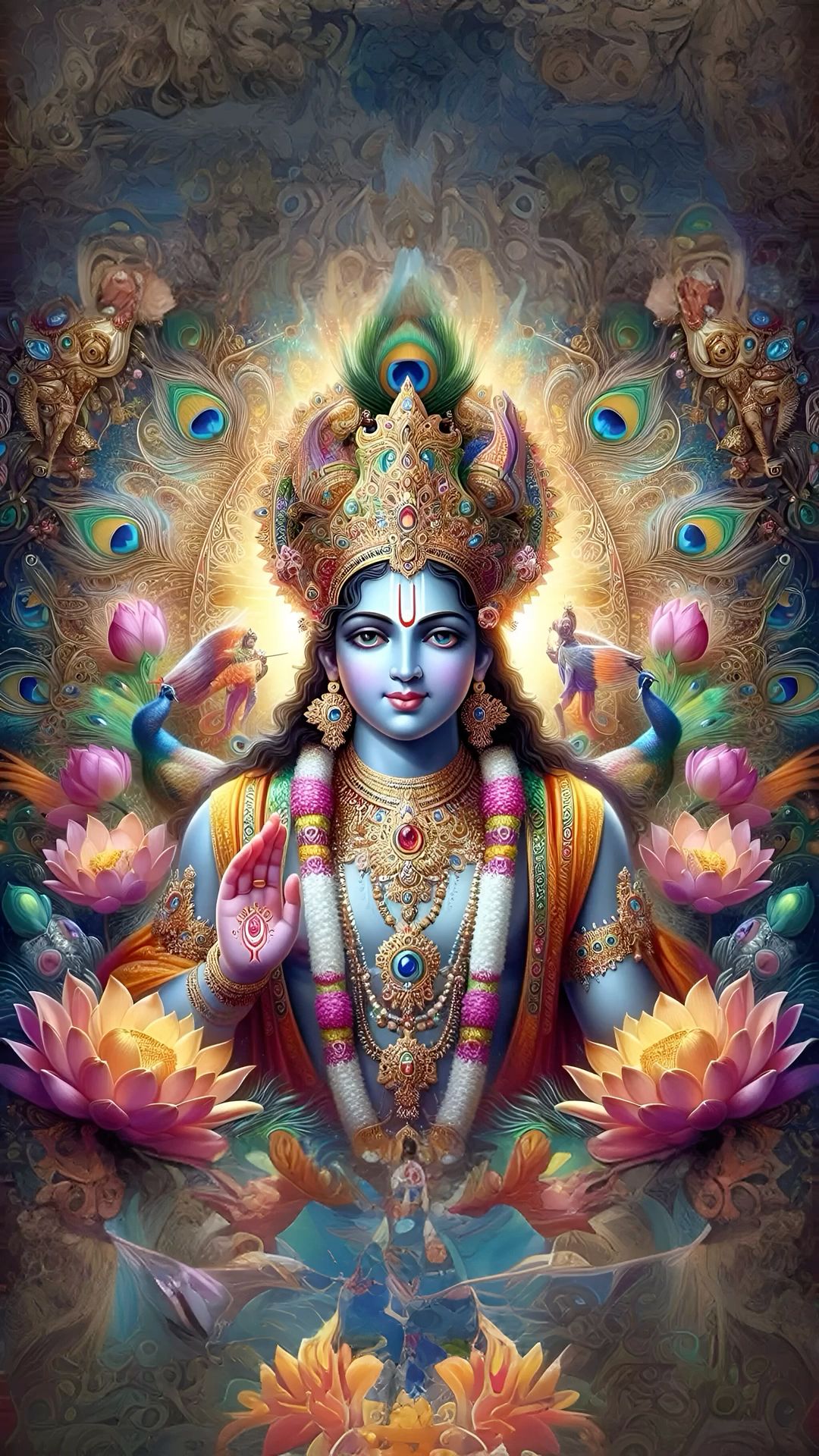 Lord Krishna with lotus and peacock