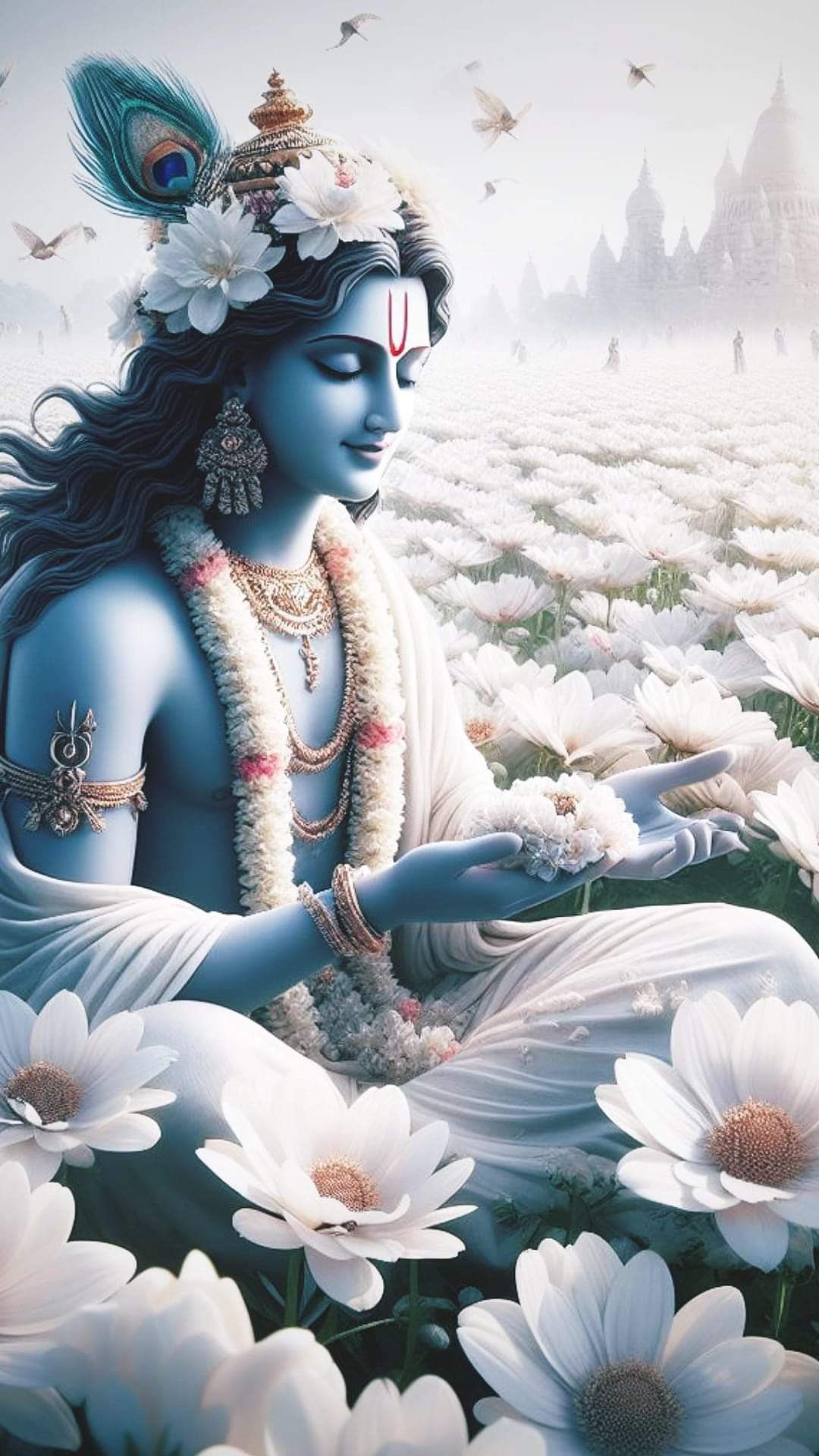 Lord Krishna playing flute amongst flowers