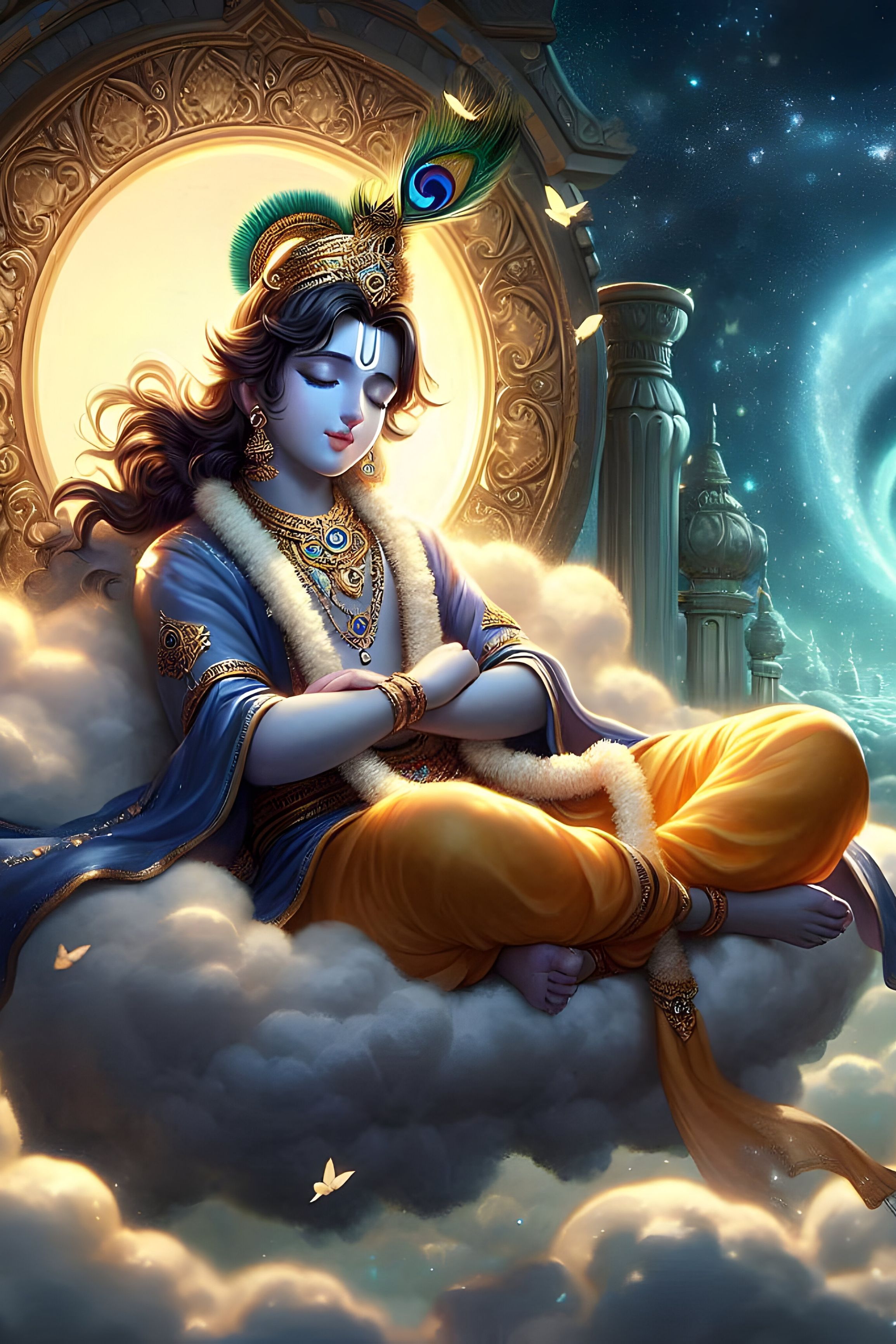 Krishna resting among celestial clouds
