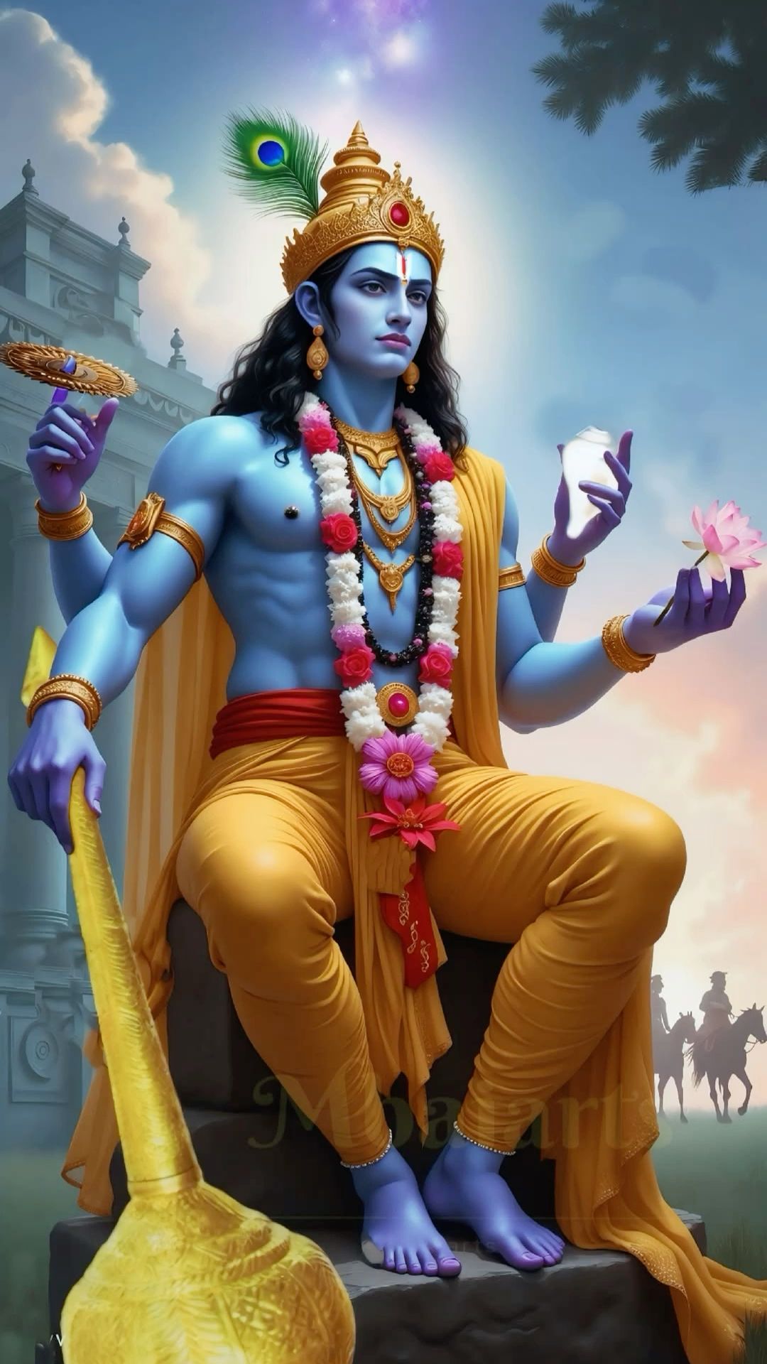 Blue-skinned Krishna playing flute, divine portrait