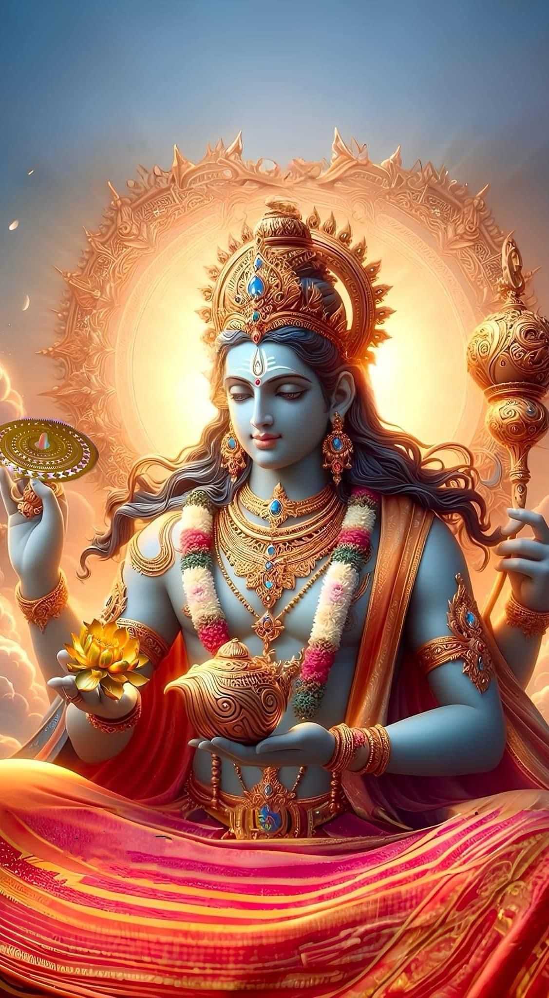 Blue-skinned Krishna holding lotus and shankh