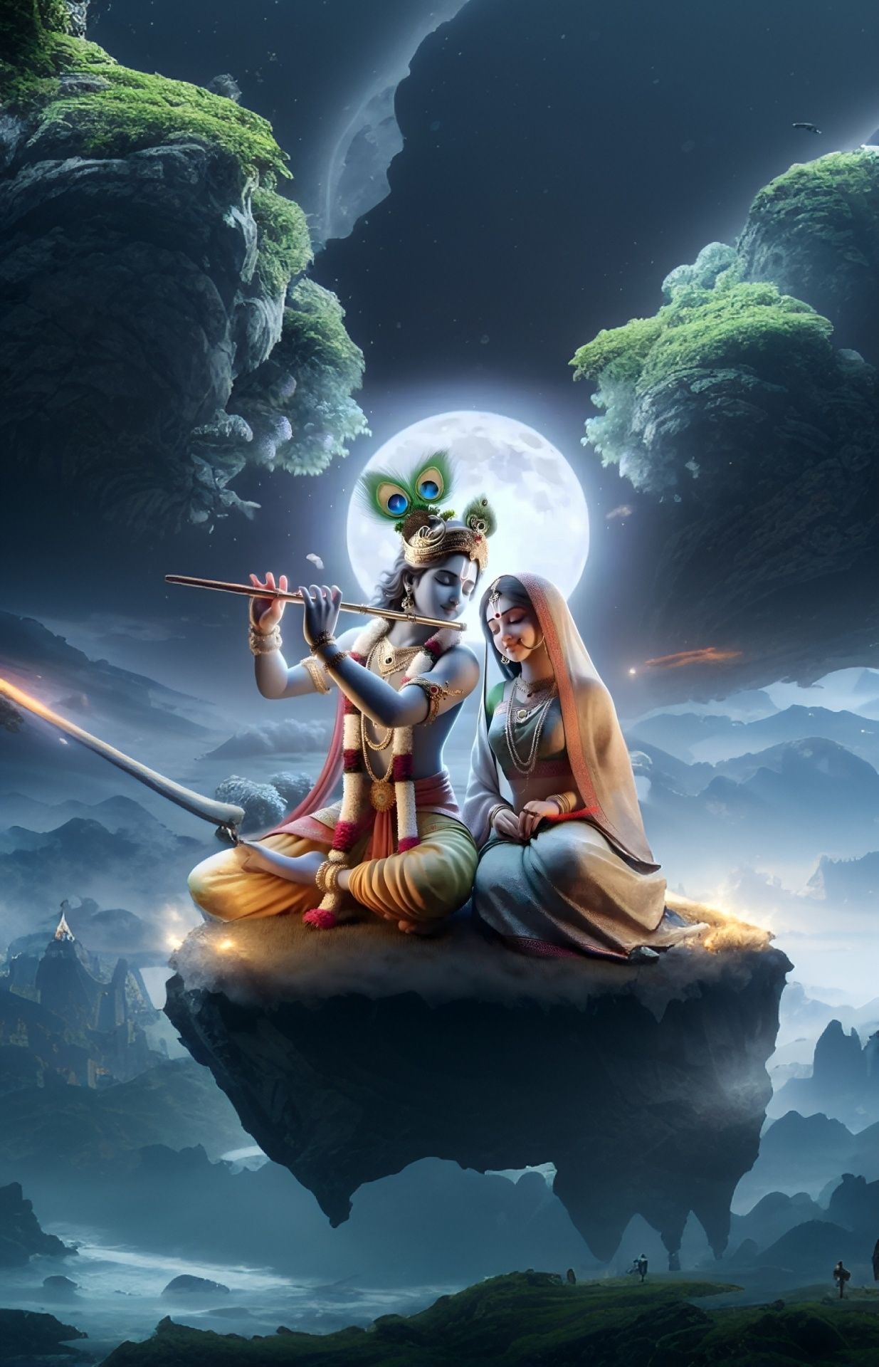 Krishna and Radha amidst celestial clouds