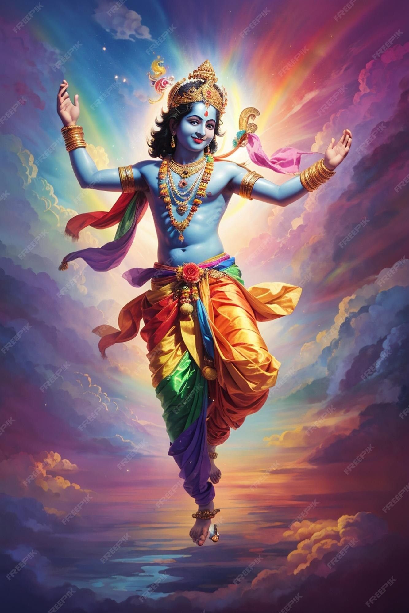 Lord Krishna dancing in celestial glory