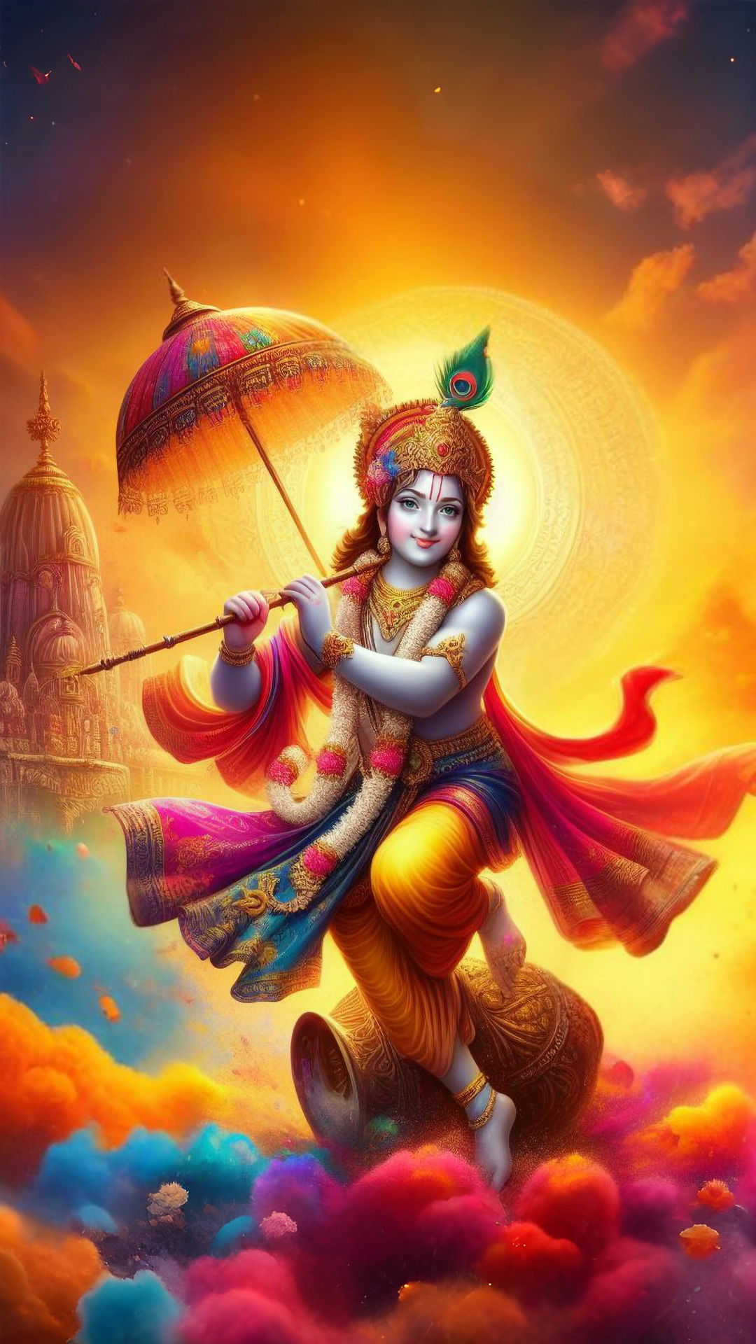 Lord Krishna playing flute in heaven