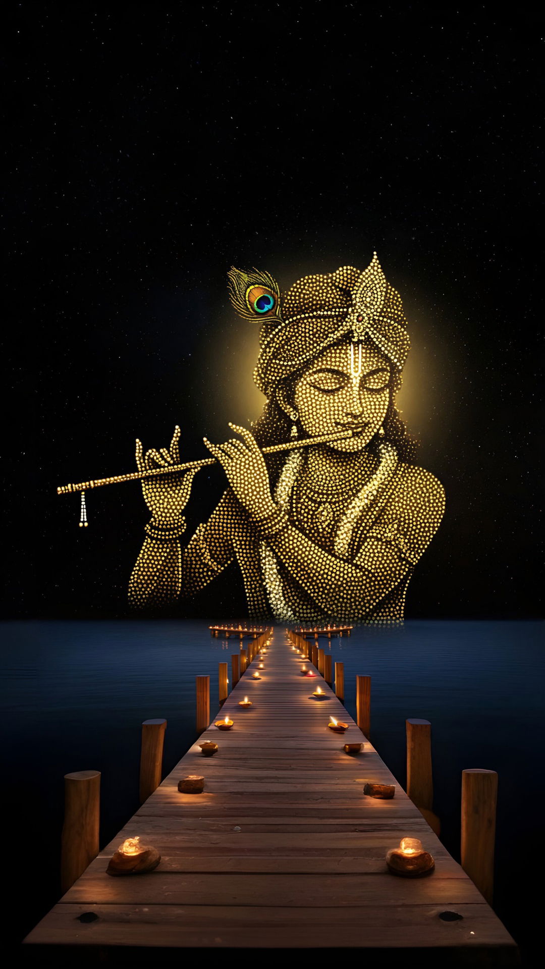 Lord Krishna playing flute in starlight
