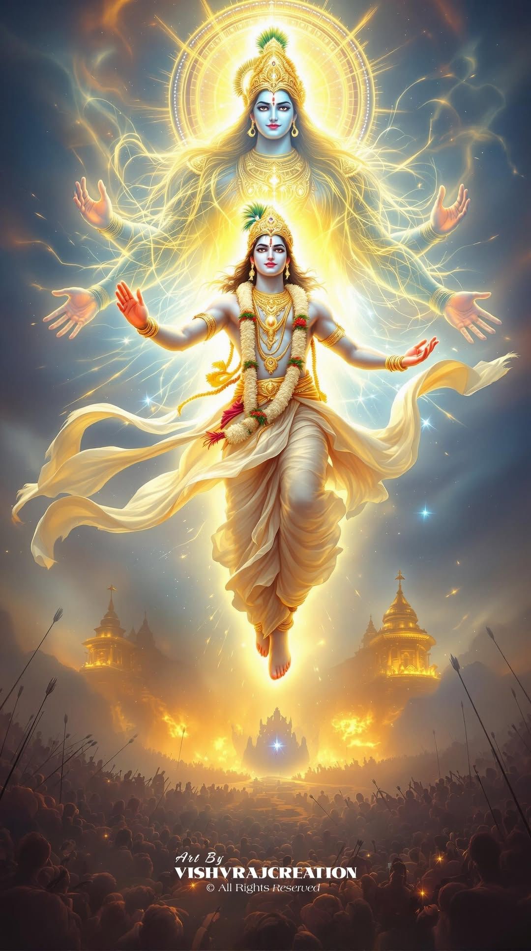 Lord Krishna plays flute in golden aura