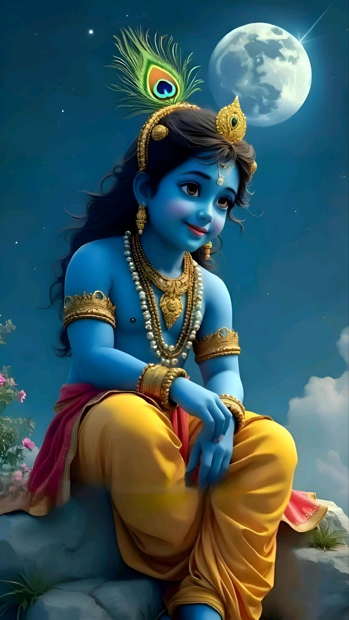 Young Krishna playing flute under moonlight
