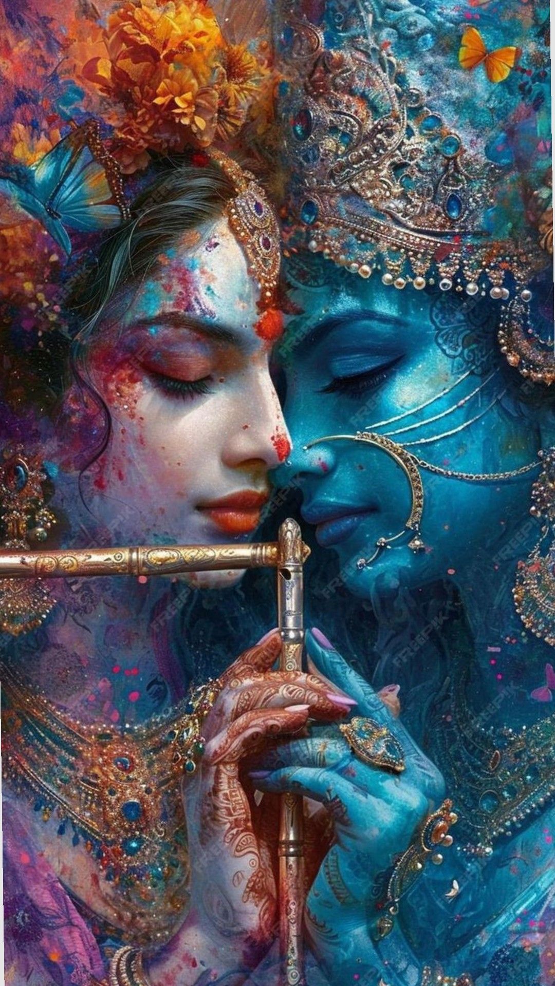 Krishna playing flute, divine portrait.