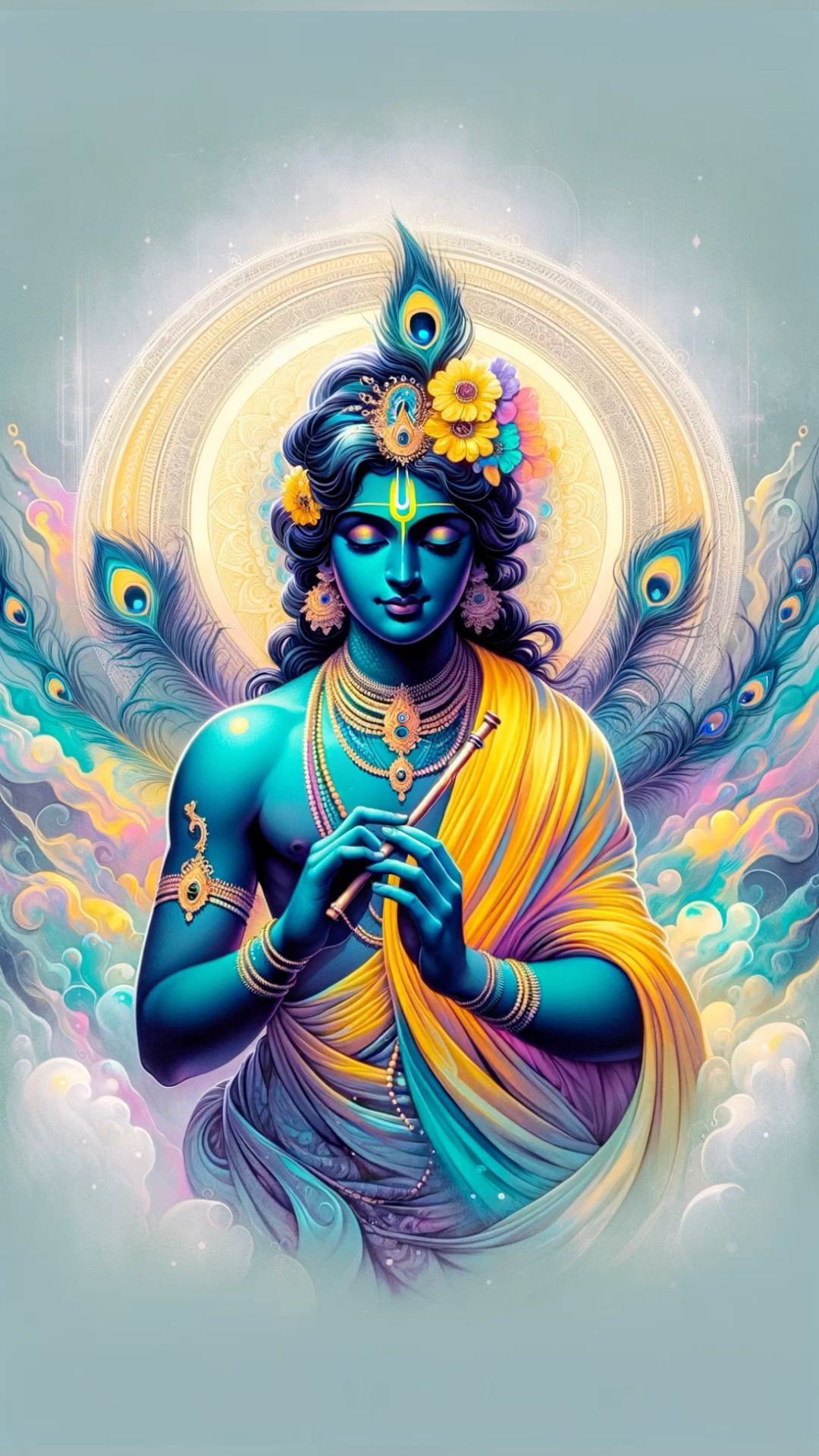 Lord Krishna playing a flute in glory