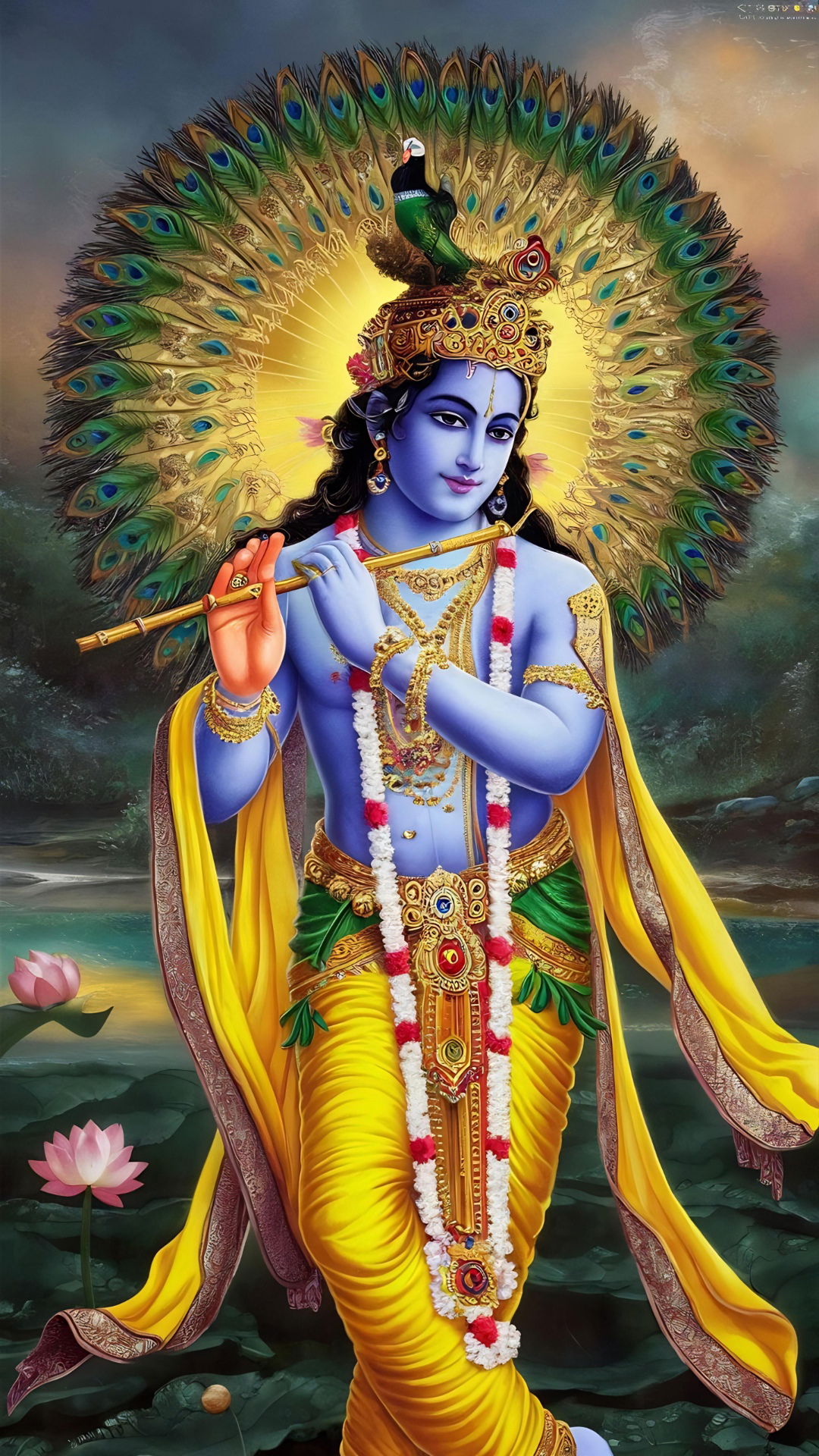 Krishna playing flute with peacock feathers