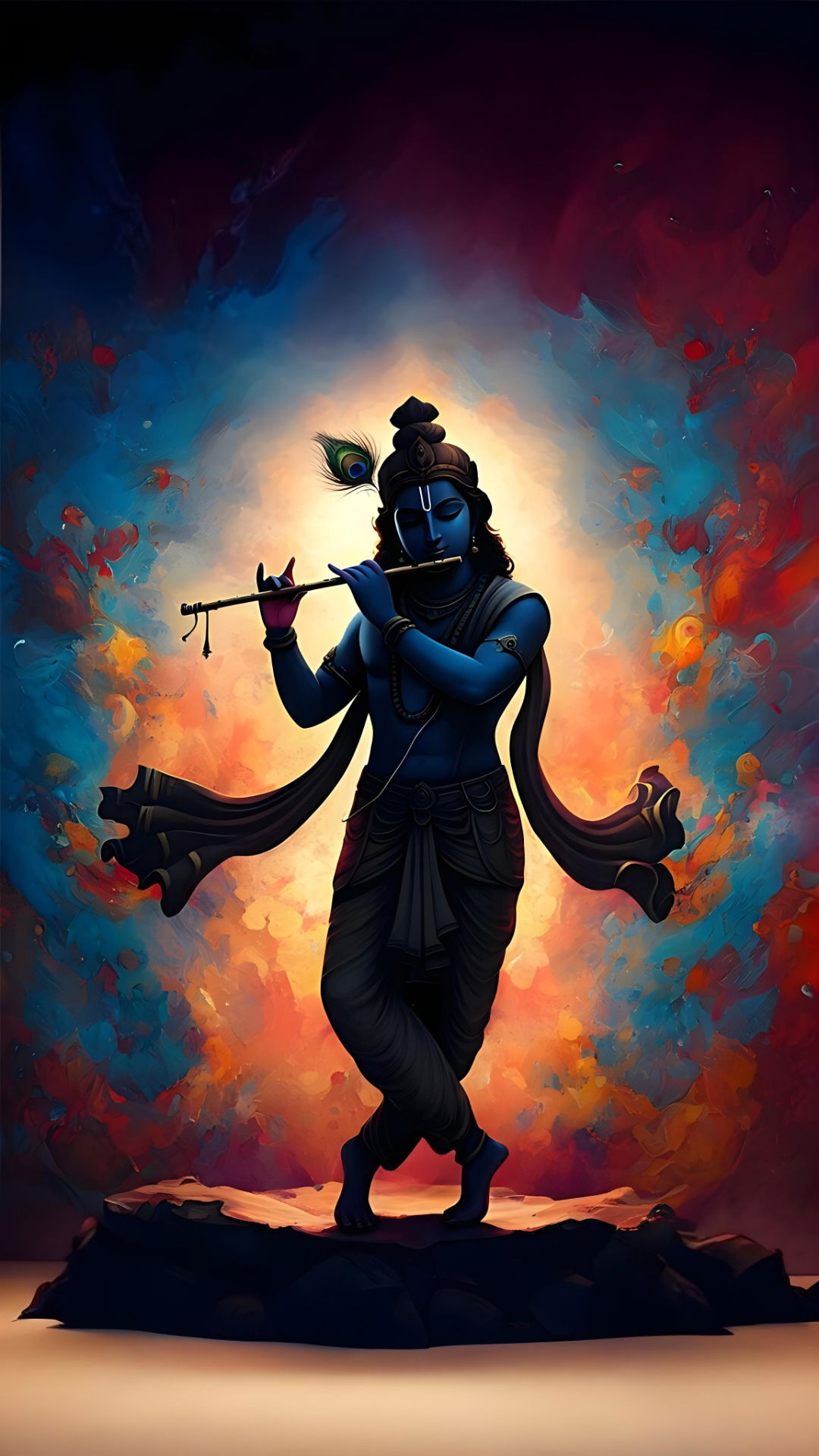 Krishna playing a flute in vibrant colors