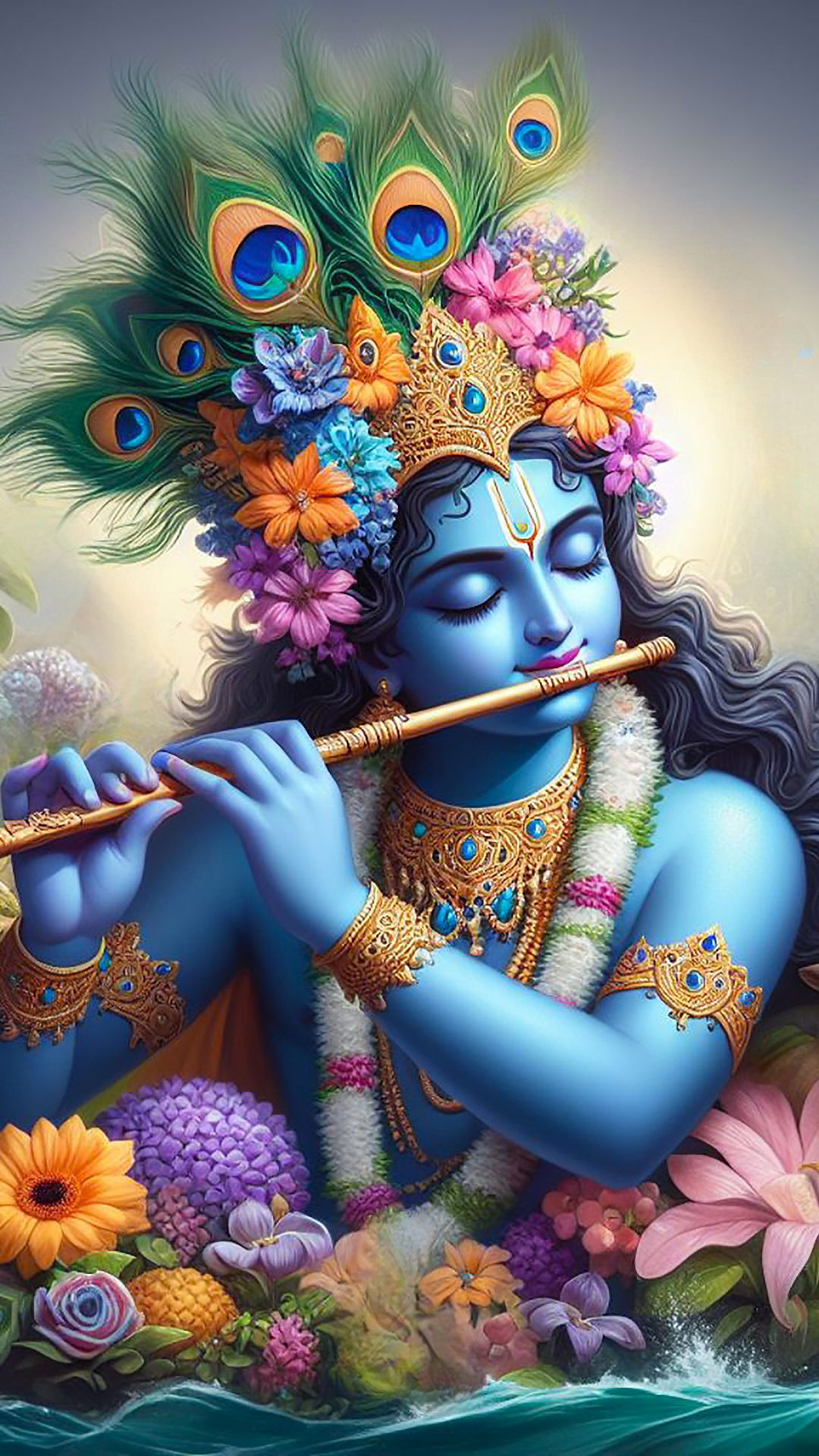 Lord Krishna playing a flute, divine portrait