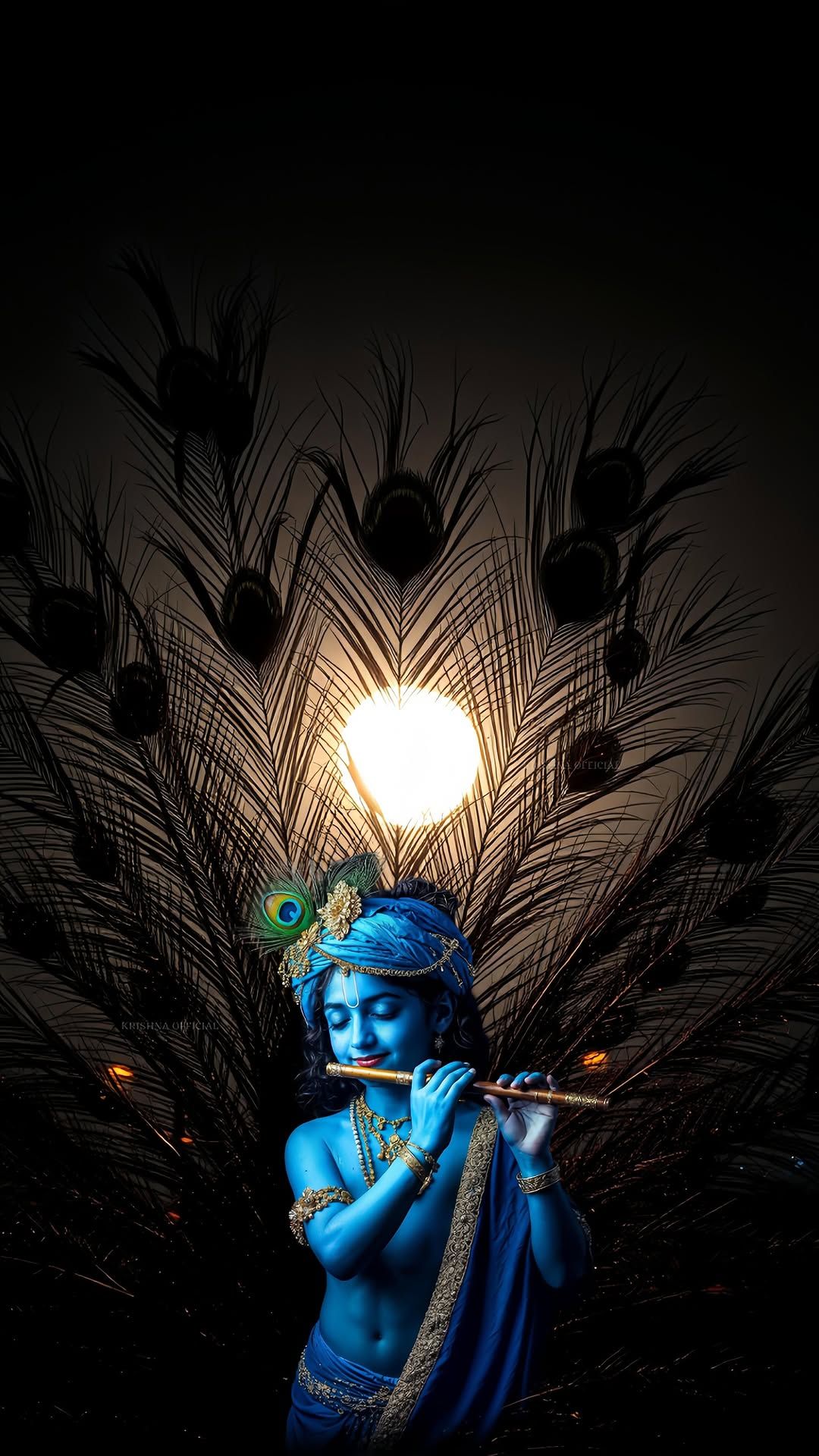 Krishna playing flute, peacock feathers, divine