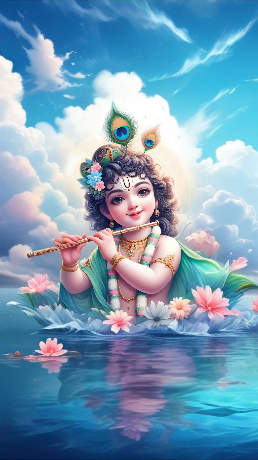 Krishna playing flute among lotus flowers