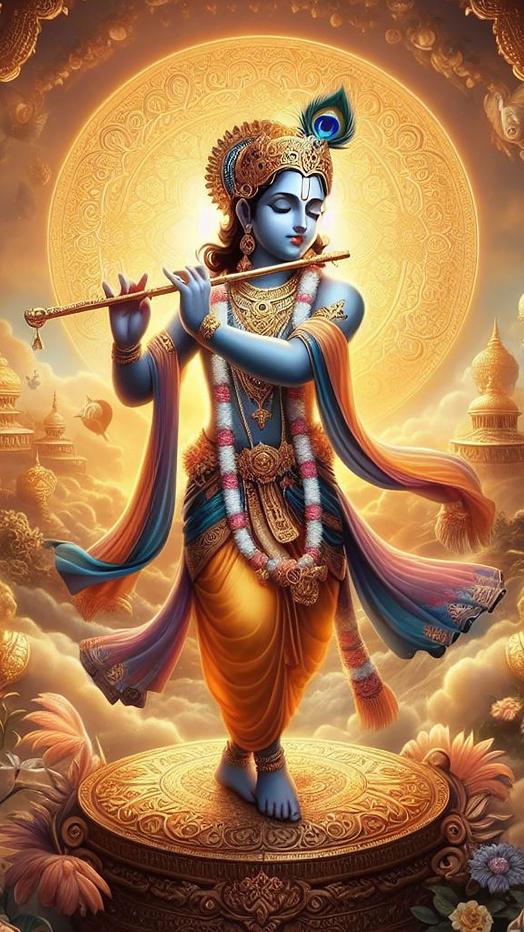 Lord Krishna playing a flute, divine image.