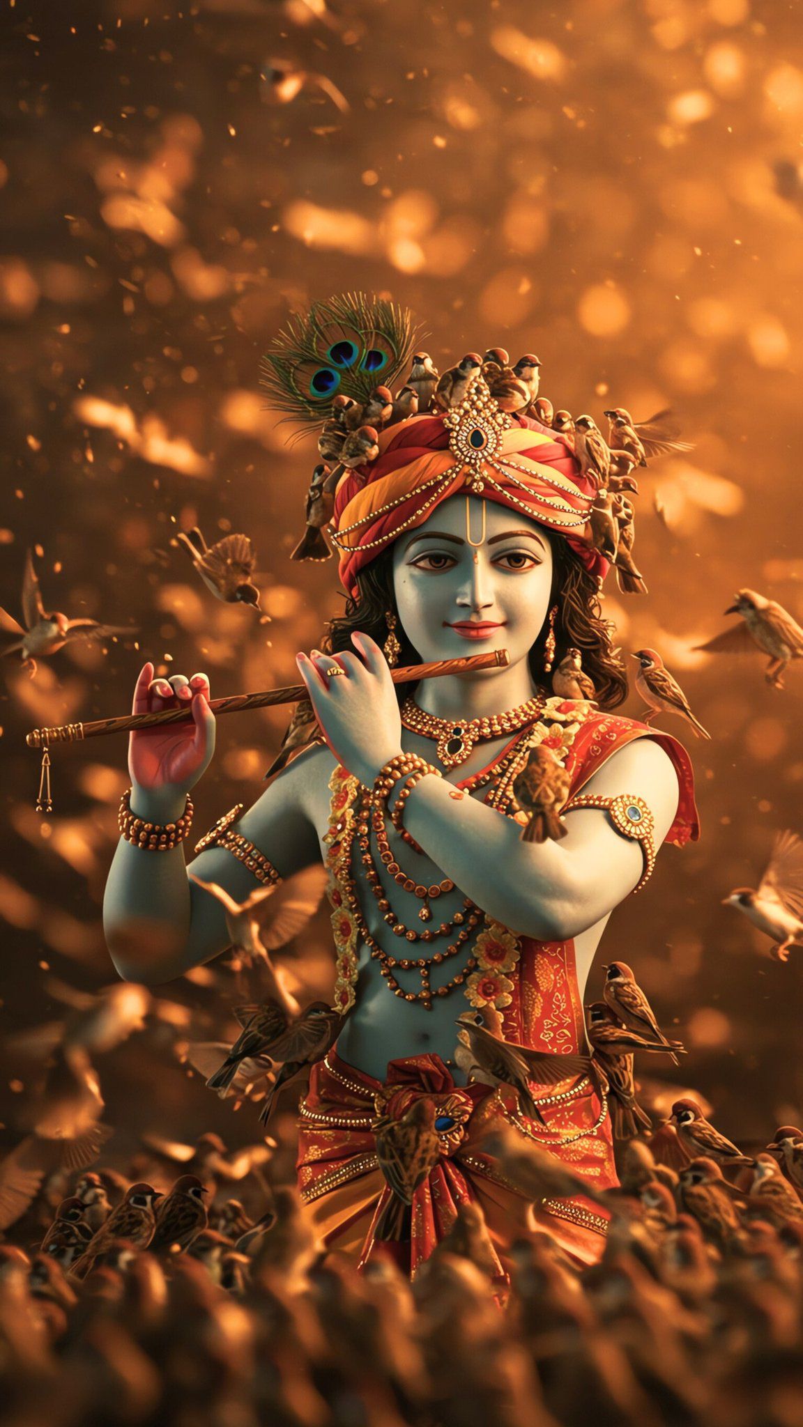 Krishna playing flute with butterflies