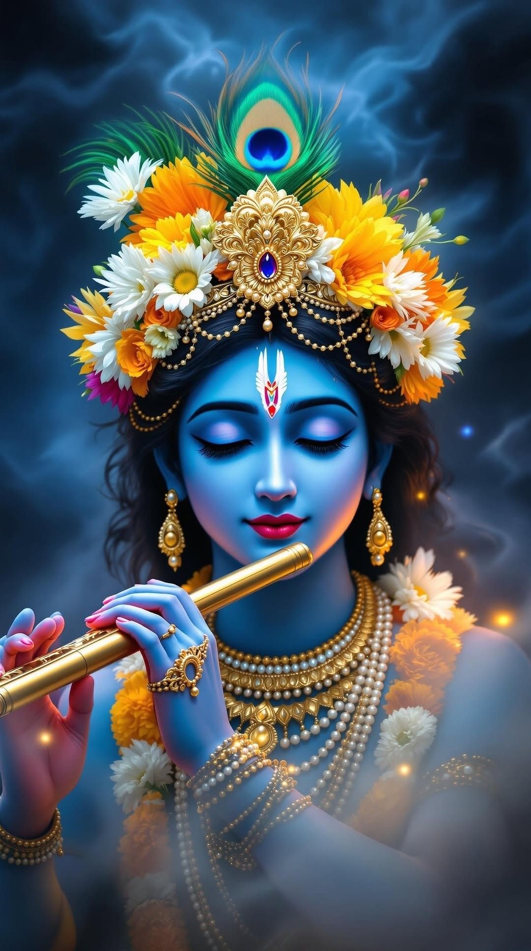 Krishna playing flute with flowers