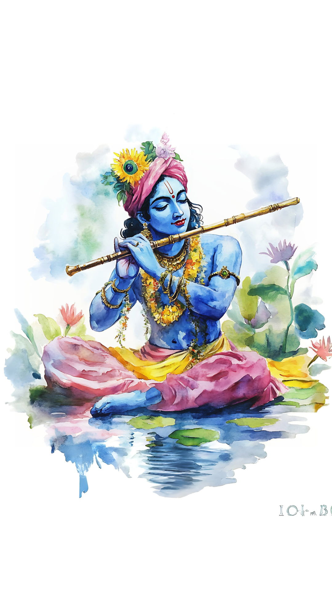Krishna playing flute in lotus pond