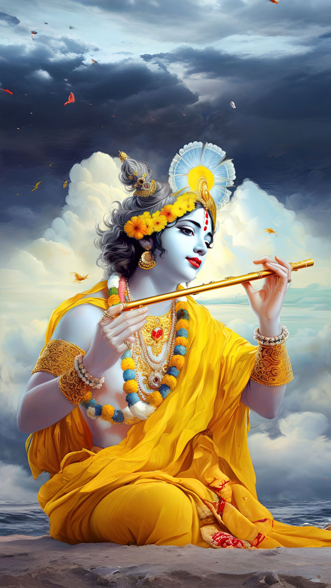 Krishna playing flute amidst clouds