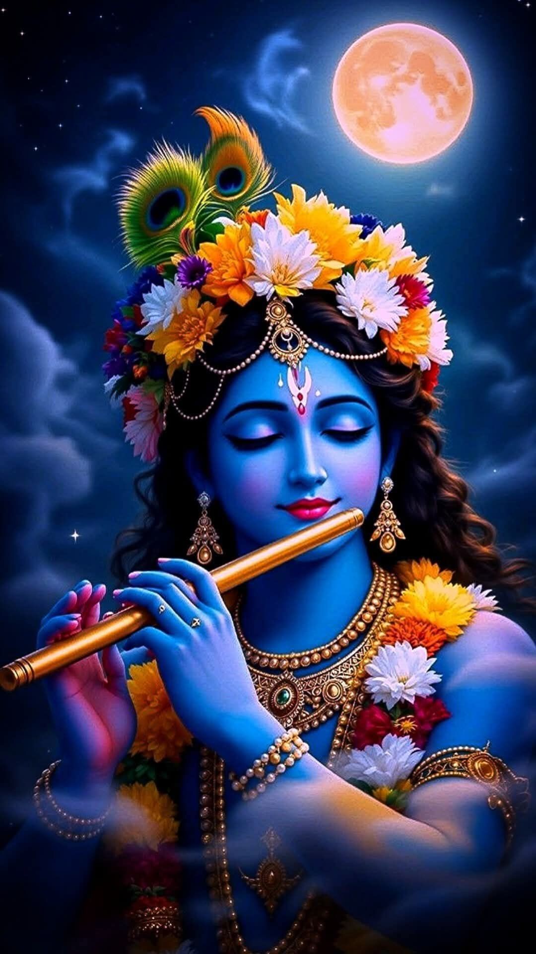 Krishna playing flute under moonlight