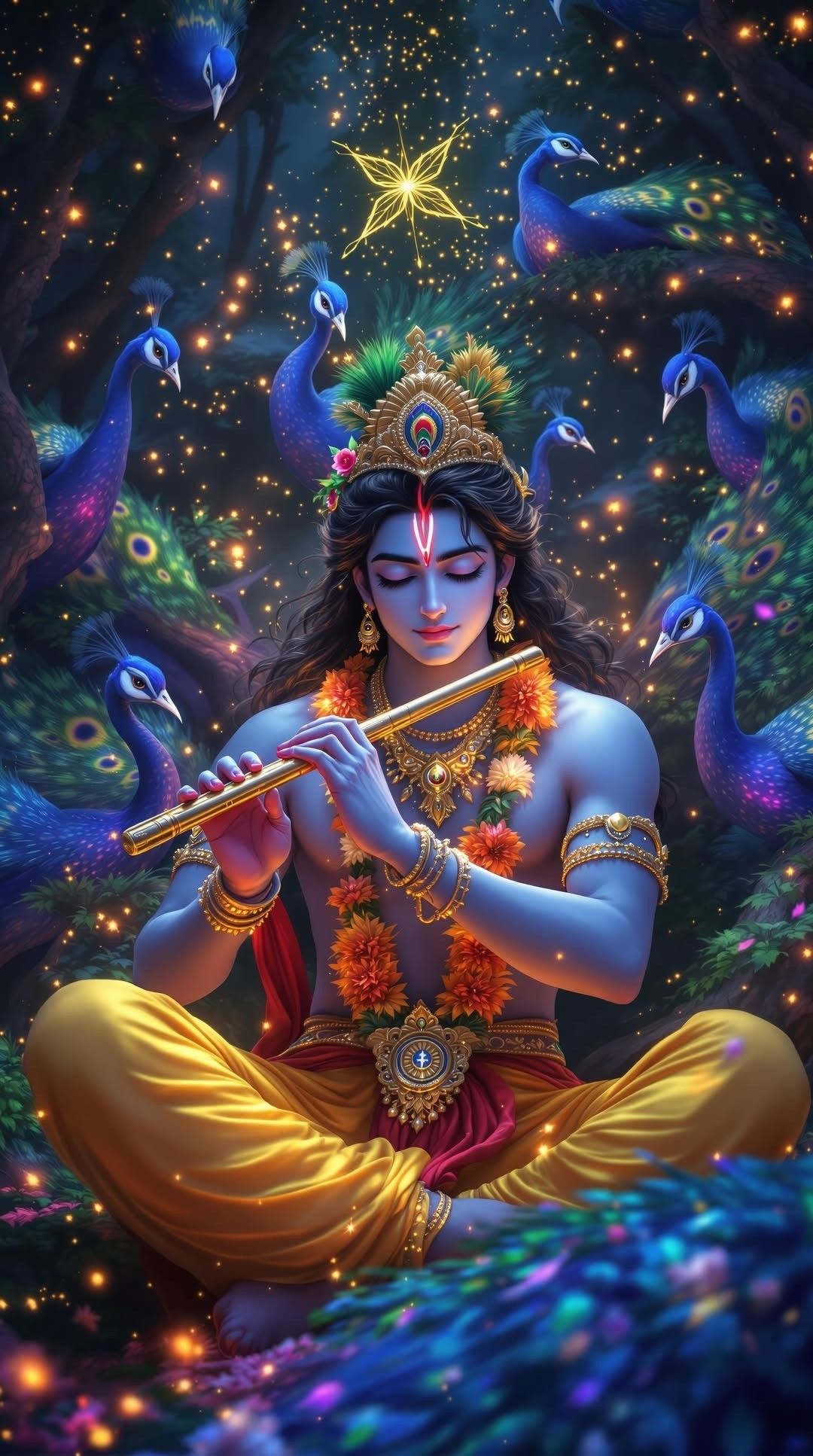 Krishna playing flute with peacocks.