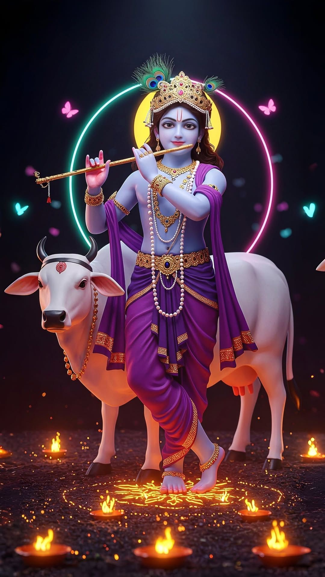 Krishna playing flute with a cow.