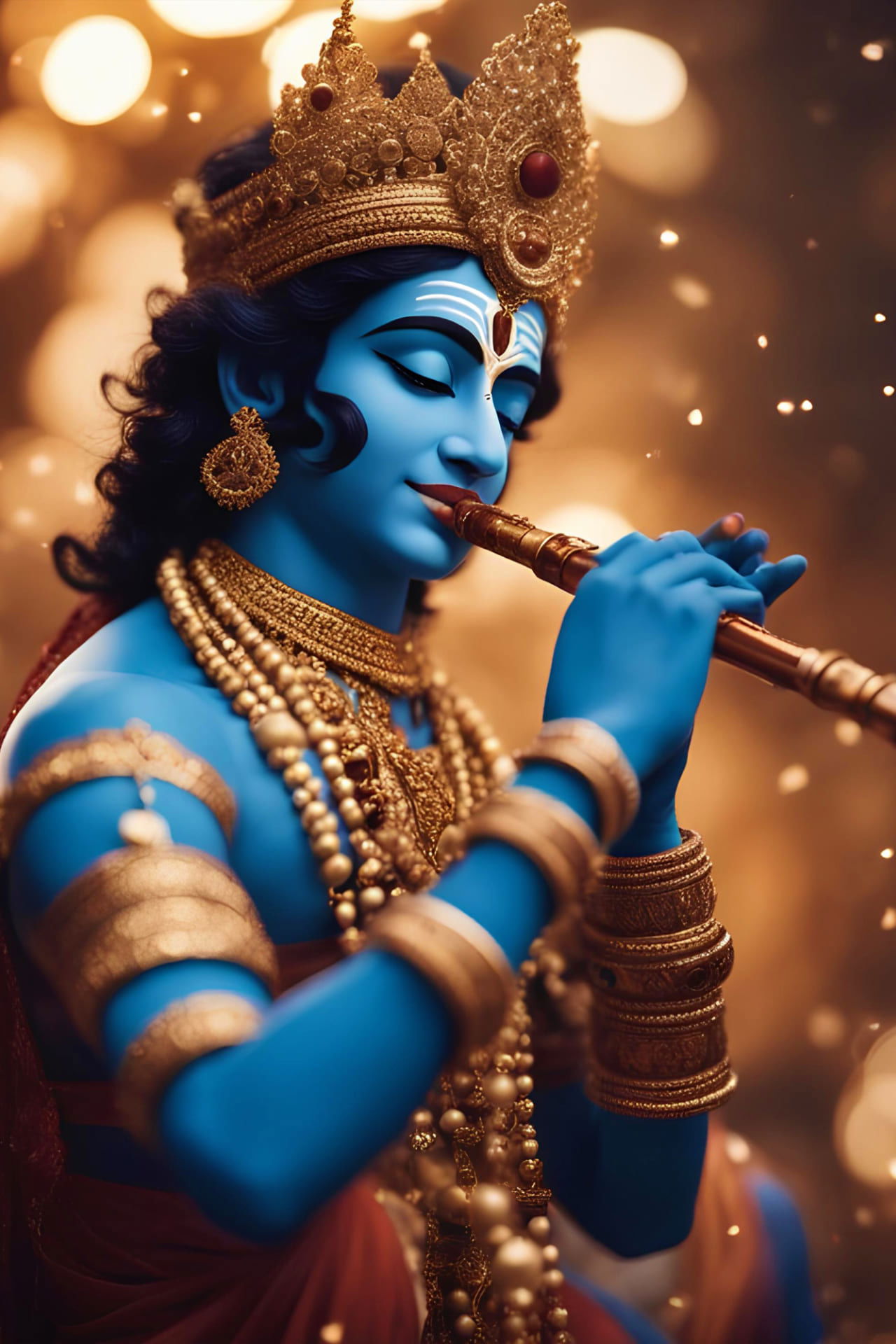 Lord Krishna playing a flute, divine portrait.
