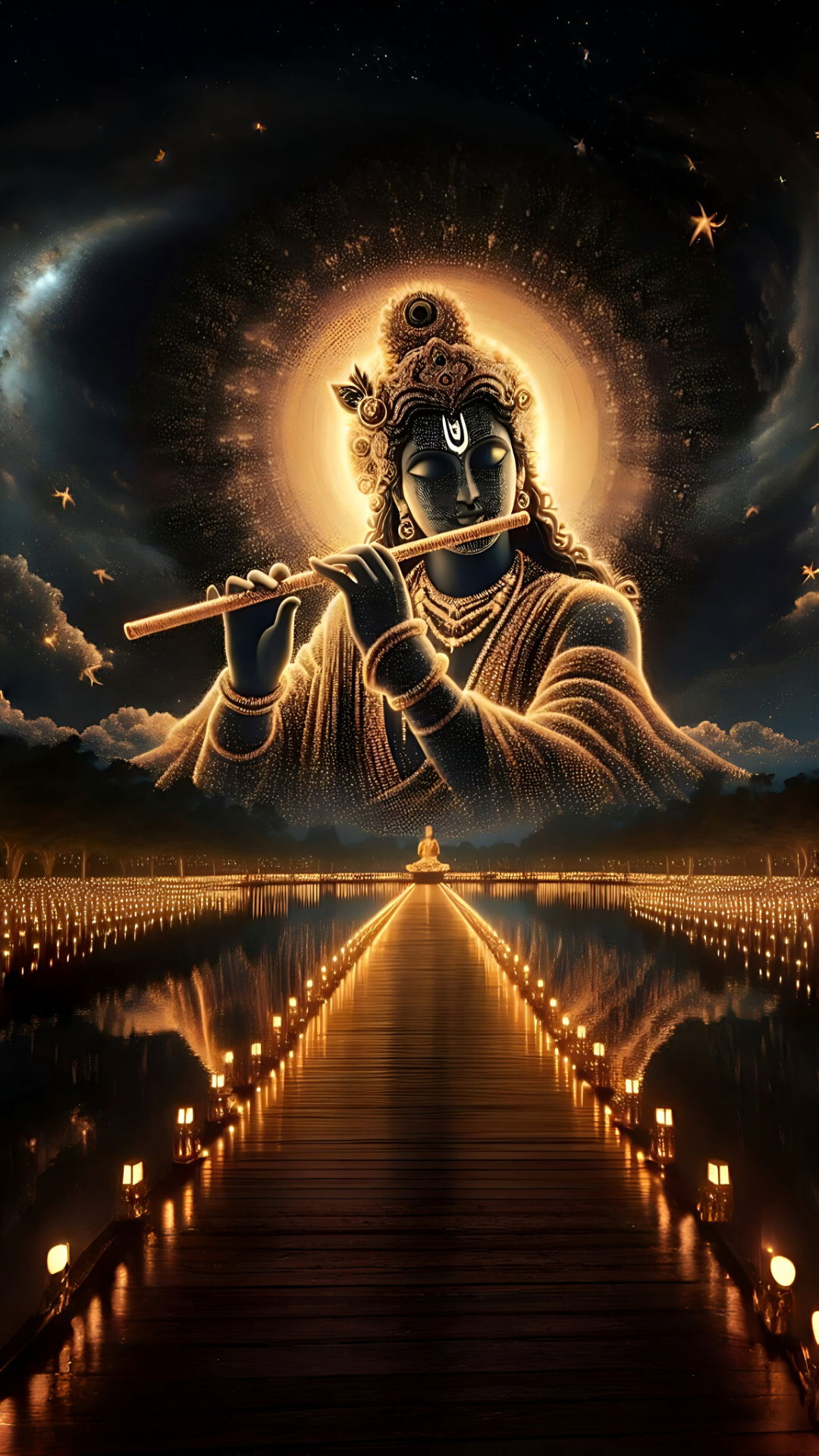 Krishna playing flute in starry sky
