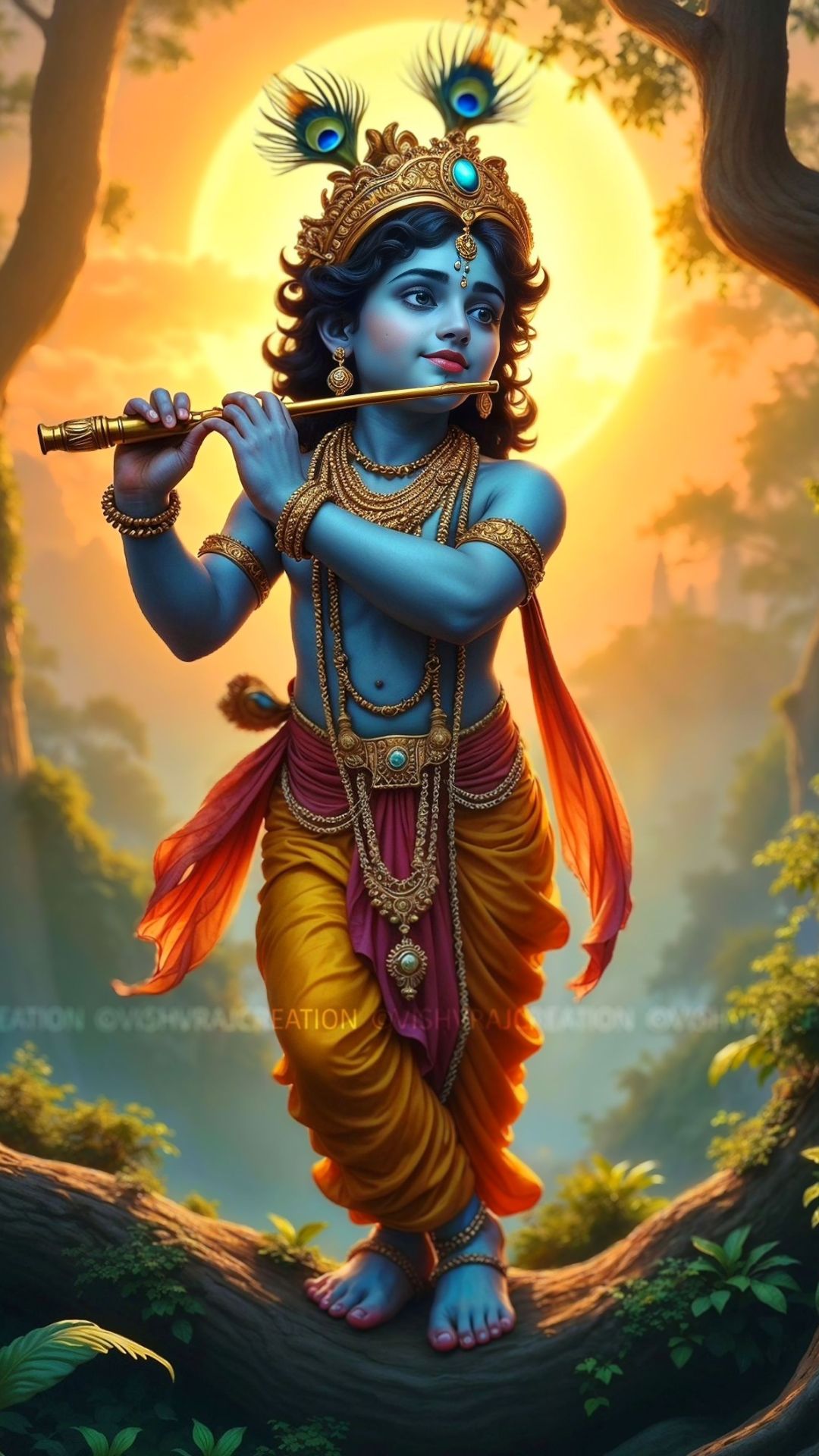 Krishna playing a melodious flute.